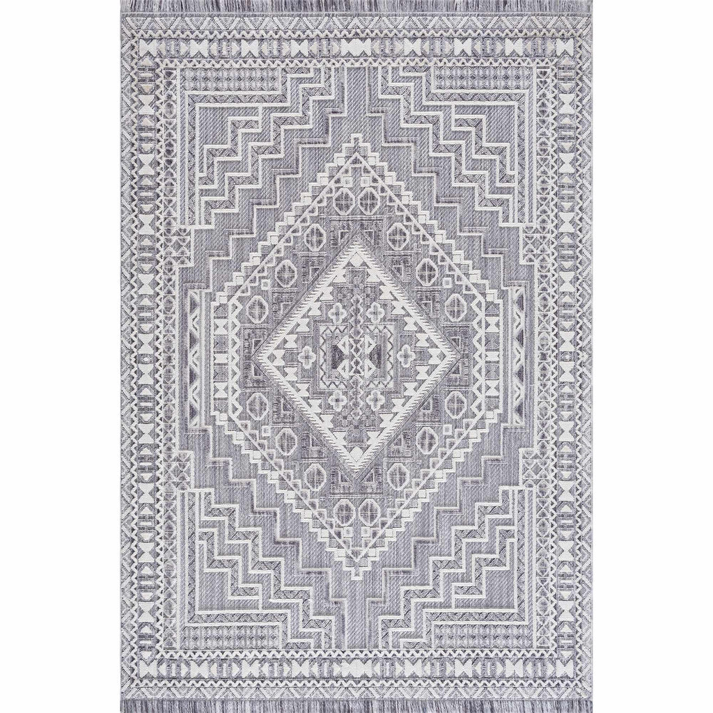Alya Charcoal Fringe Area Rug | Textured Medallion Design