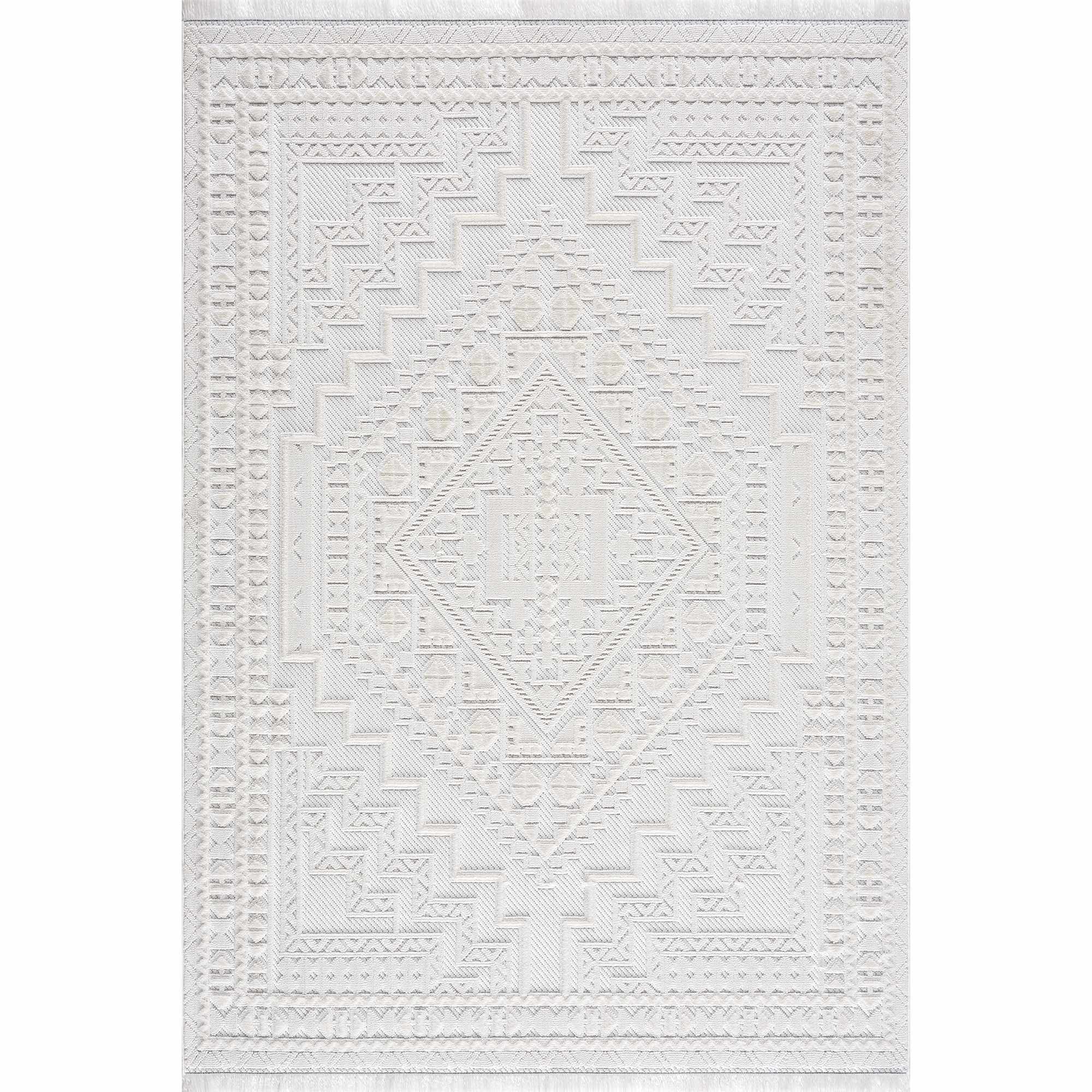 Alya Ivory Fringe Area Rug | Textured Medallion Design – Hauteloom