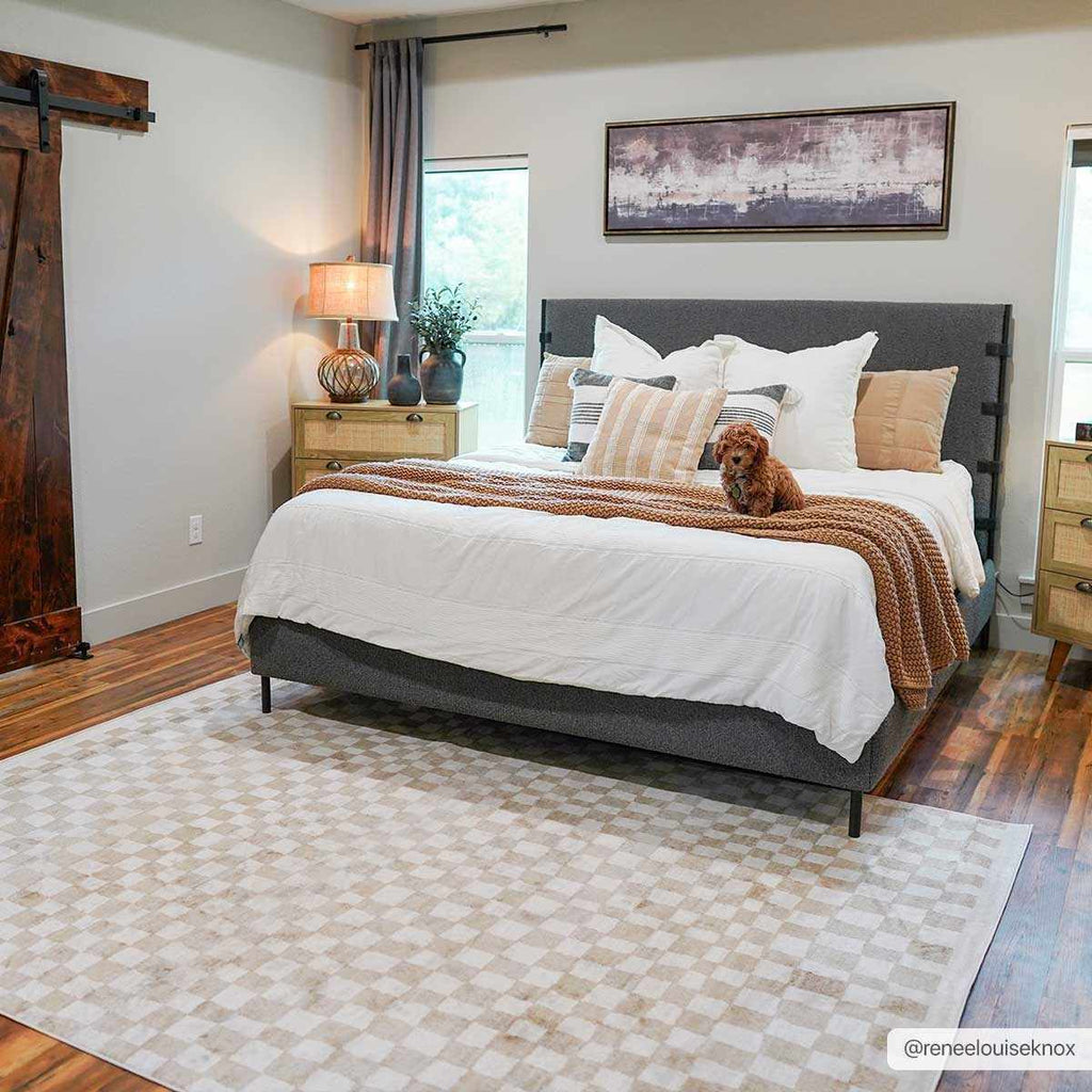 Benjy Cream & Gold Checkered Area Rug | Distressed Plush Design