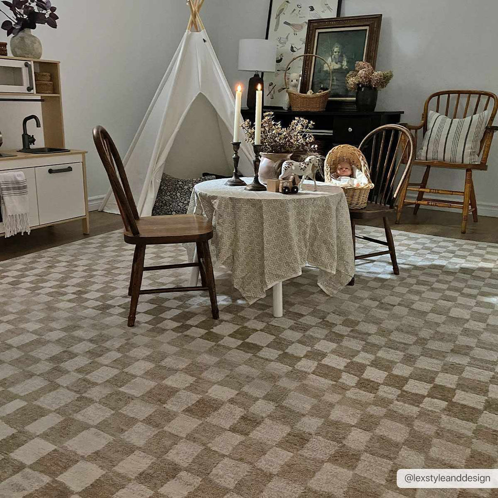 Benjy Cream & Gold Checkered Area Rug | Distressed Plush Design