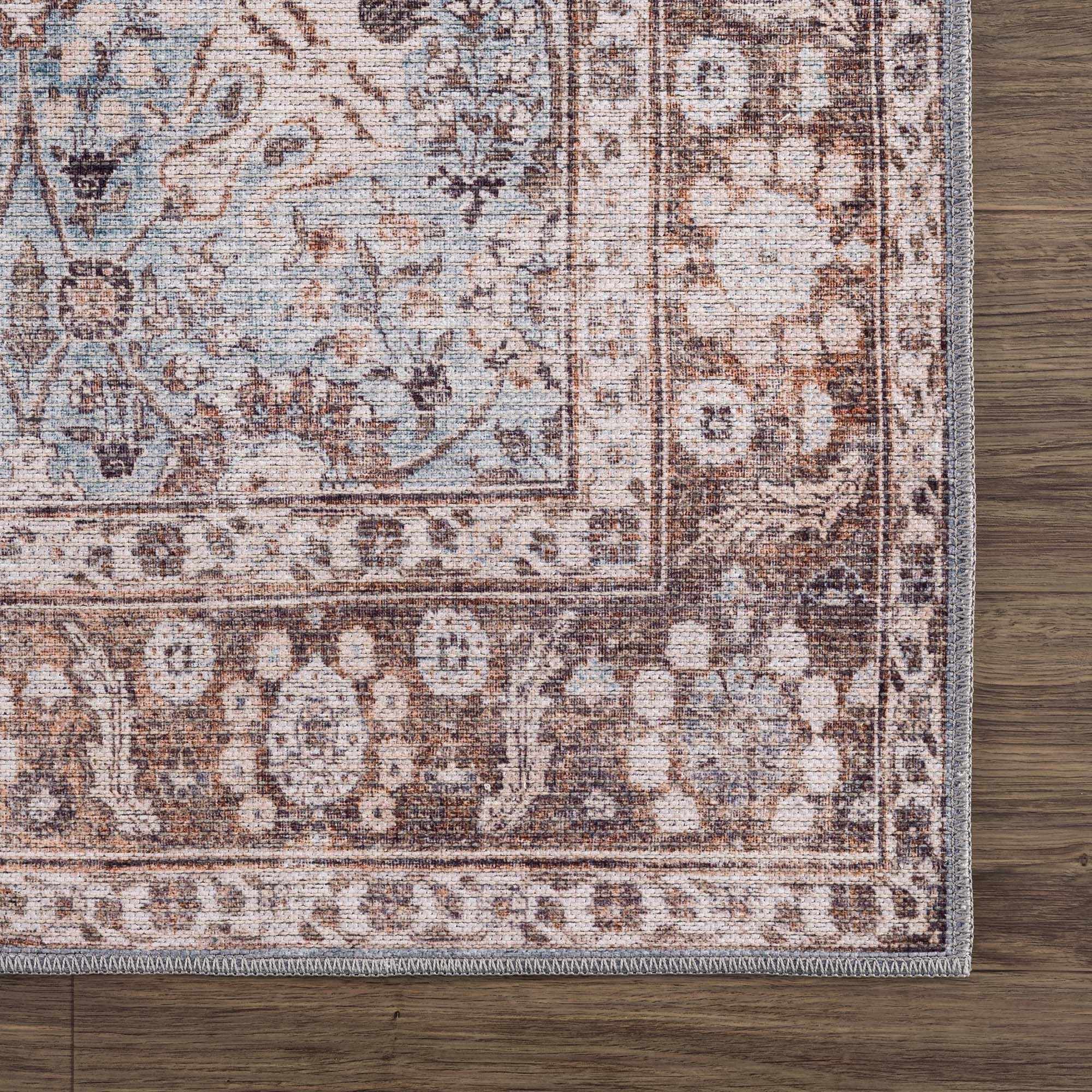 Dauis Brown & Blue Vintage Washable Area Rug | Distressed Design – Hauteloom