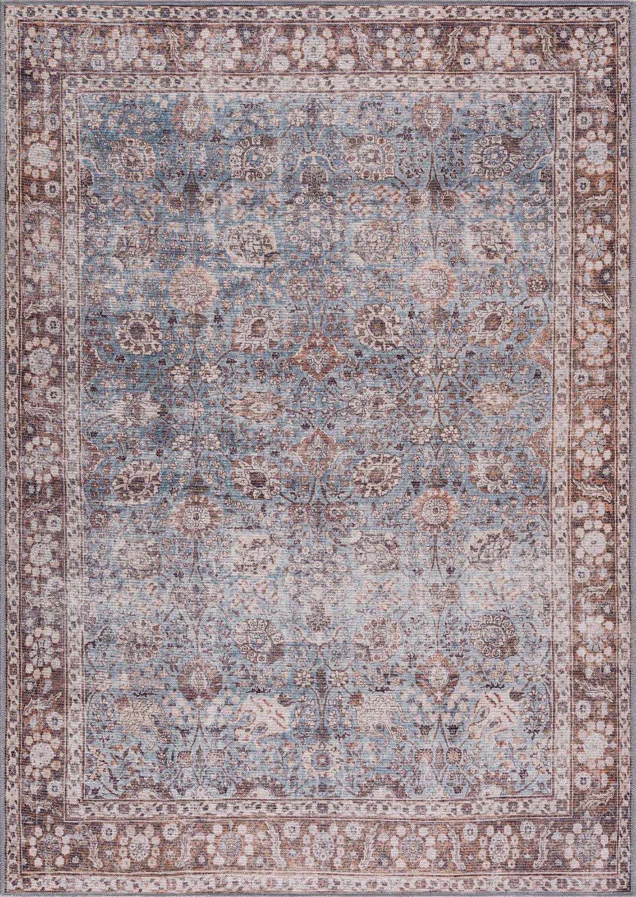 Dauis Brown & Blue Vintage Washable Area Rug | Distressed Design – Hauteloom