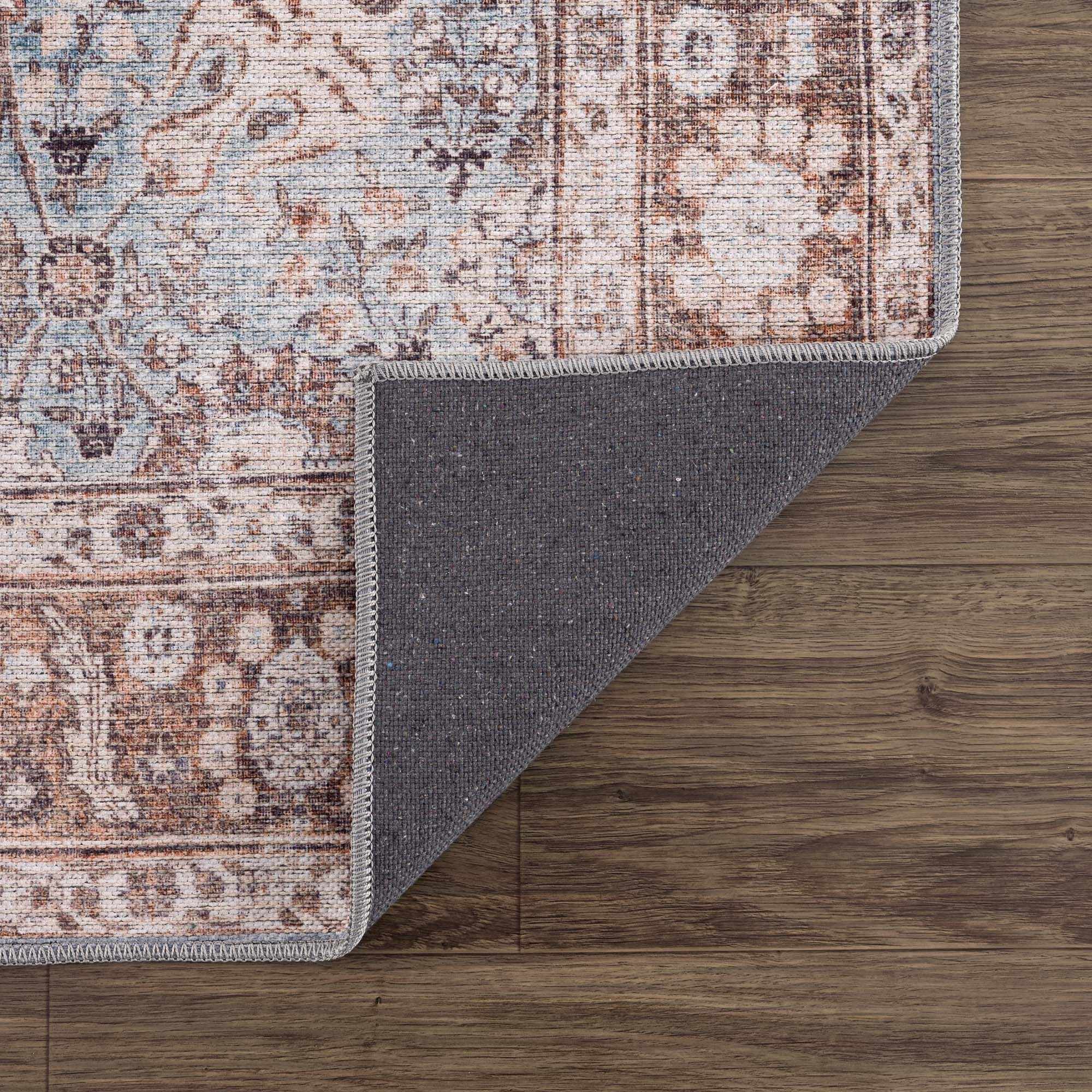 Dauis Brown & Blue Vintage Washable Area Rug | Distressed Design – Hauteloom