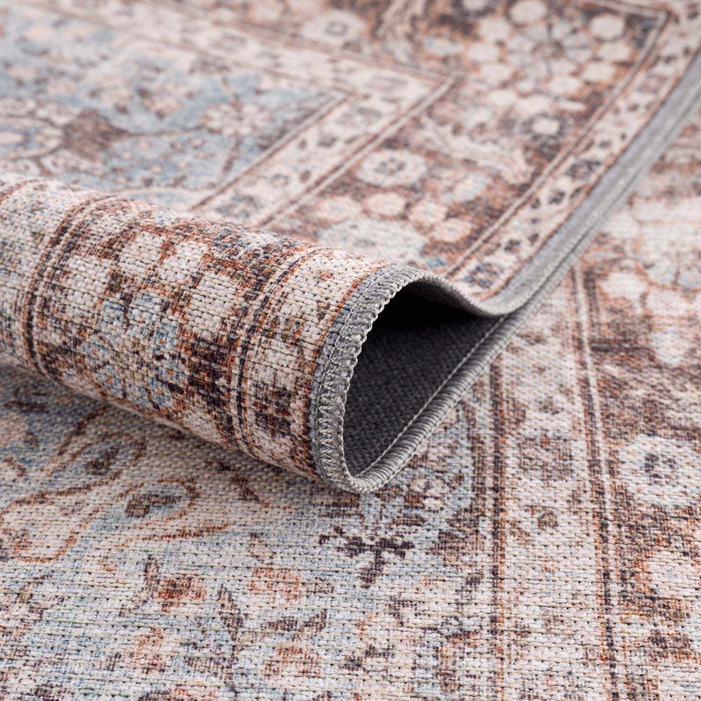 Dauis Brown & Blue Vintage Washable Area Rug | Distressed Design – Hauteloom