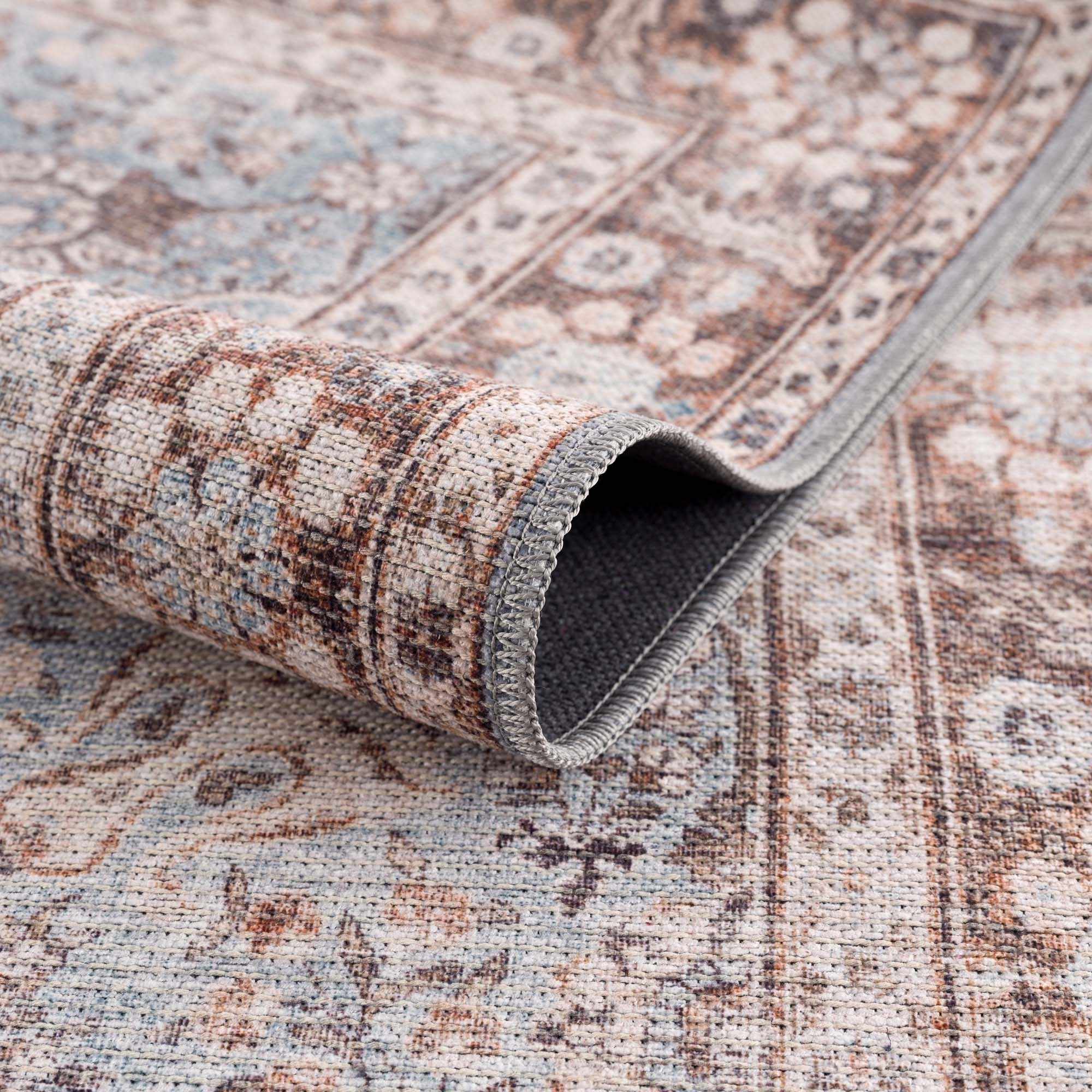 Dauis Brown & Blue Vintage Washable Area Rug | Distressed Design – Hauteloom