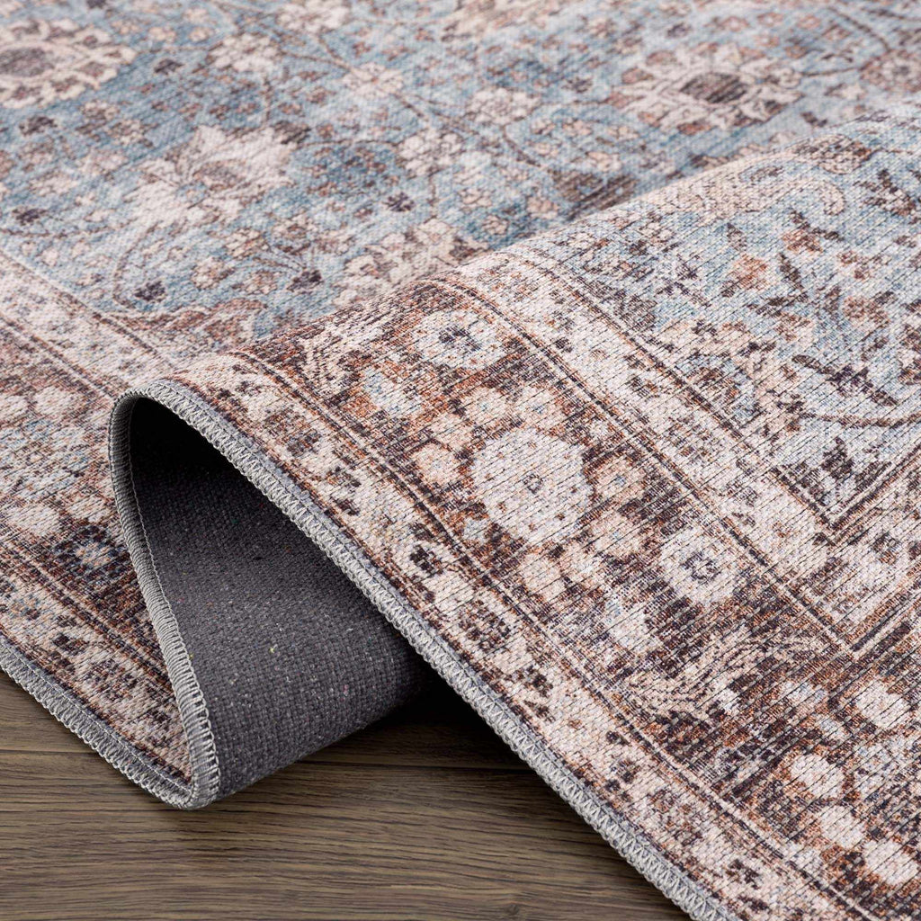 Dauis Brown & Blue Vintage Washable Area Rug | Distressed Design – Hauteloom