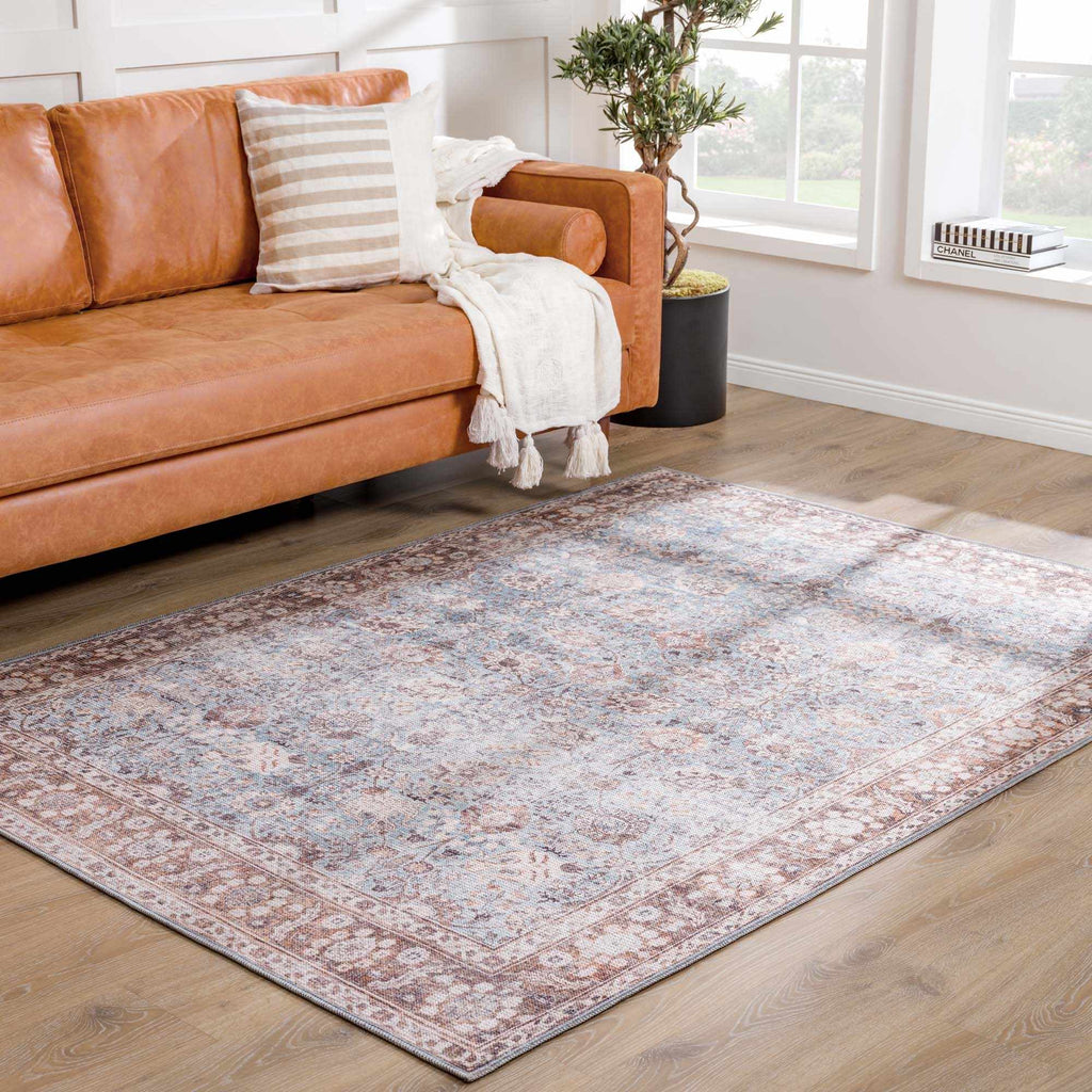 Dauis Brown & Blue Vintage Washable Area Rug | Distressed Design – Hauteloom