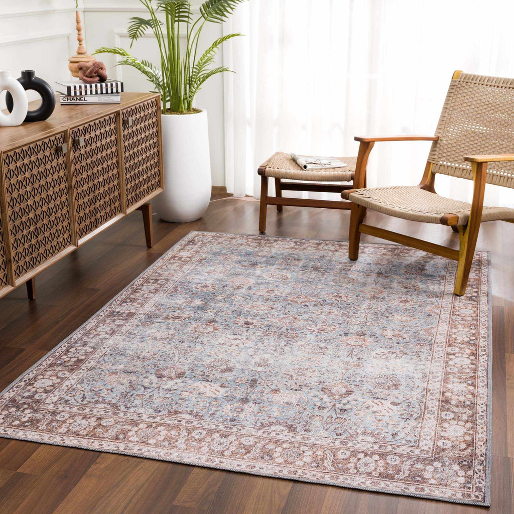 Dauis Brown & Blue Vintage Washable Area Rug | Distressed Design – Hauteloom