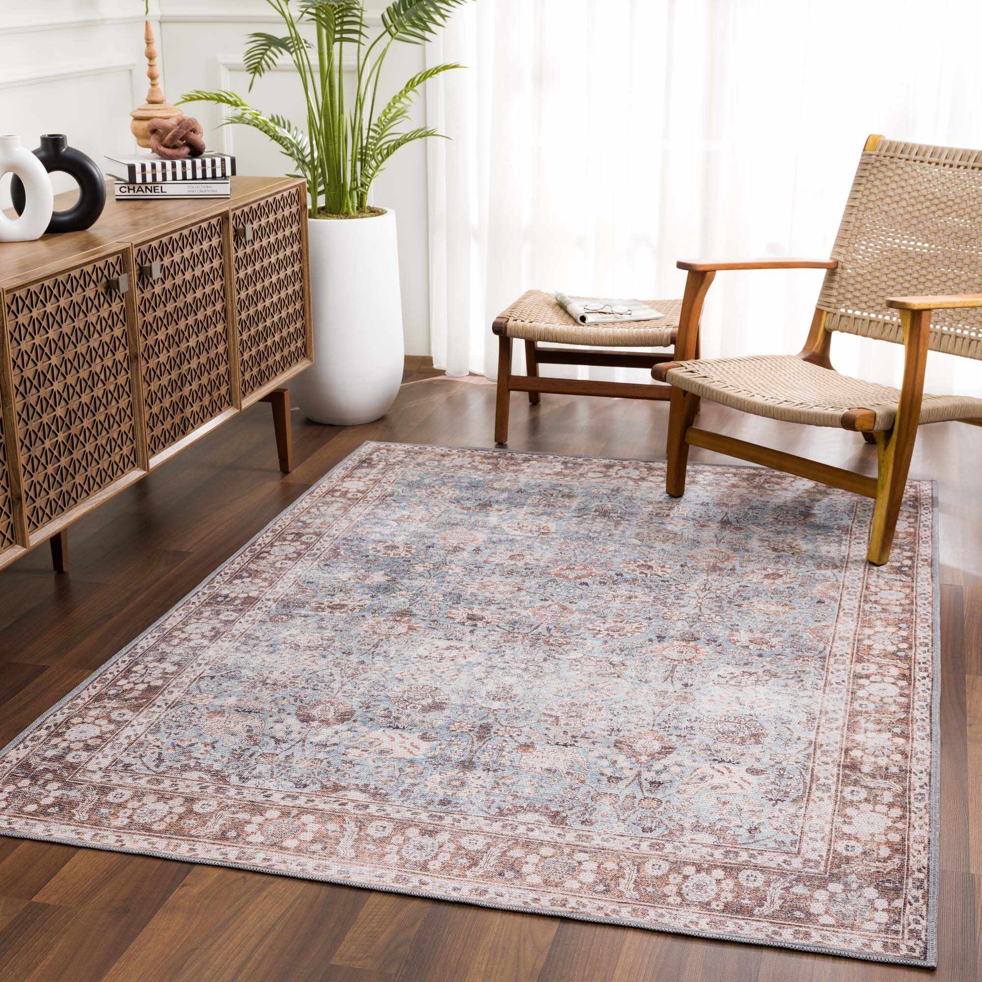 Dauis Brown & Blue Vintage Washable Area Rug | Distressed Design – Hauteloom