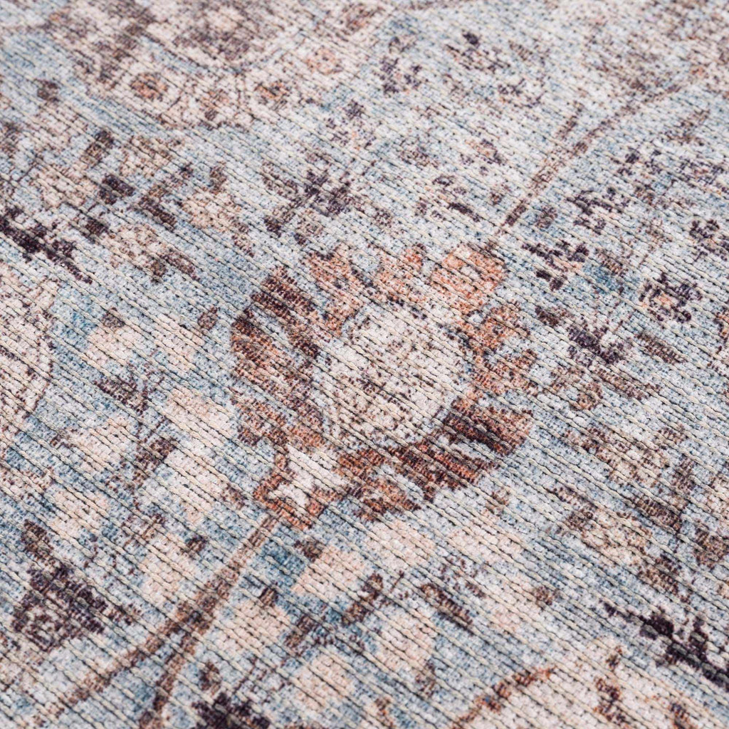 Dauis Brown & Blue Vintage Washable Area Rug | Distressed Design – Hauteloom