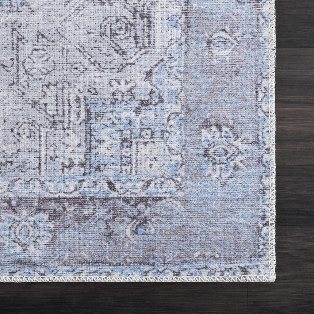 Rosman Aqua & Charcoal Washable Area Rug | Vintage Traditional Design