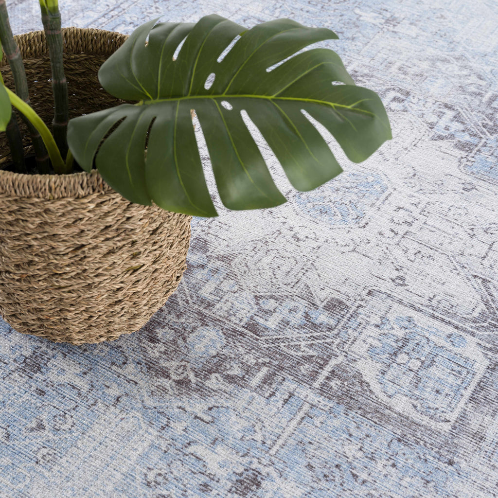 Rosman Aqua & Charcoal Washable Area Rug | Vintage Traditional Design