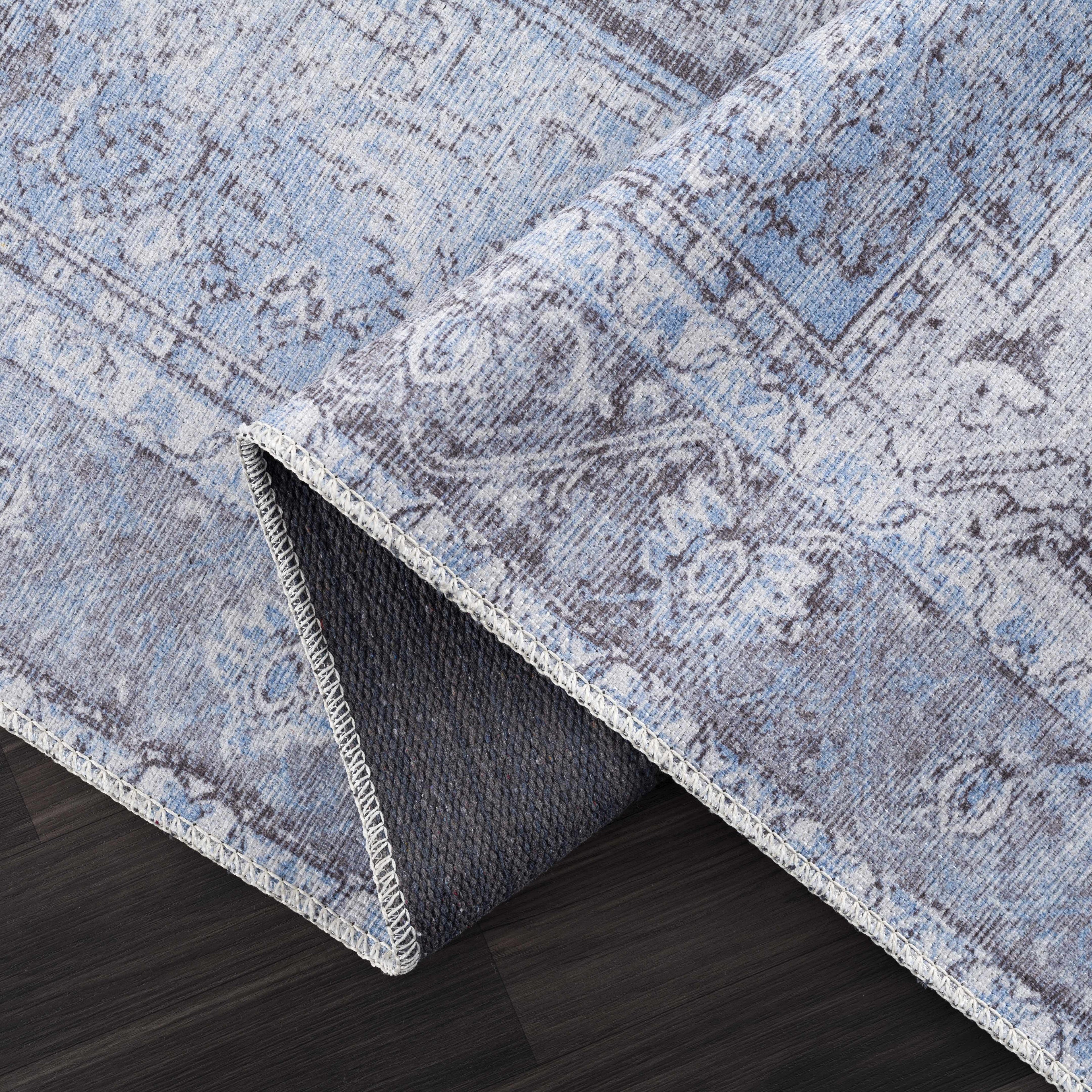Rosman Aqua & Charcoal Washable Area Rug | Vintage Traditional Design
