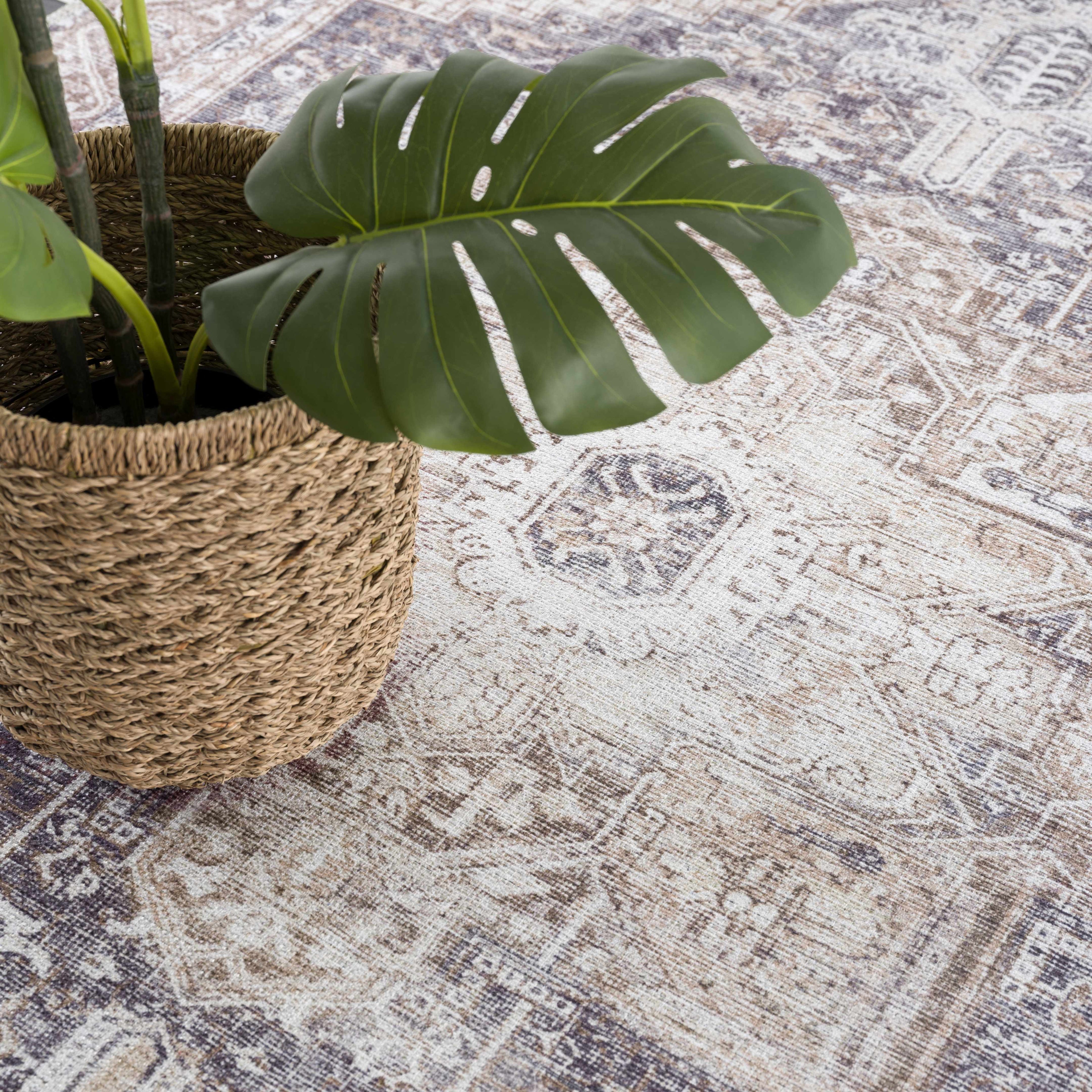 Rosman Beige Distressed Medallion Washable Area Rug | Timeless Design – Hauteloom