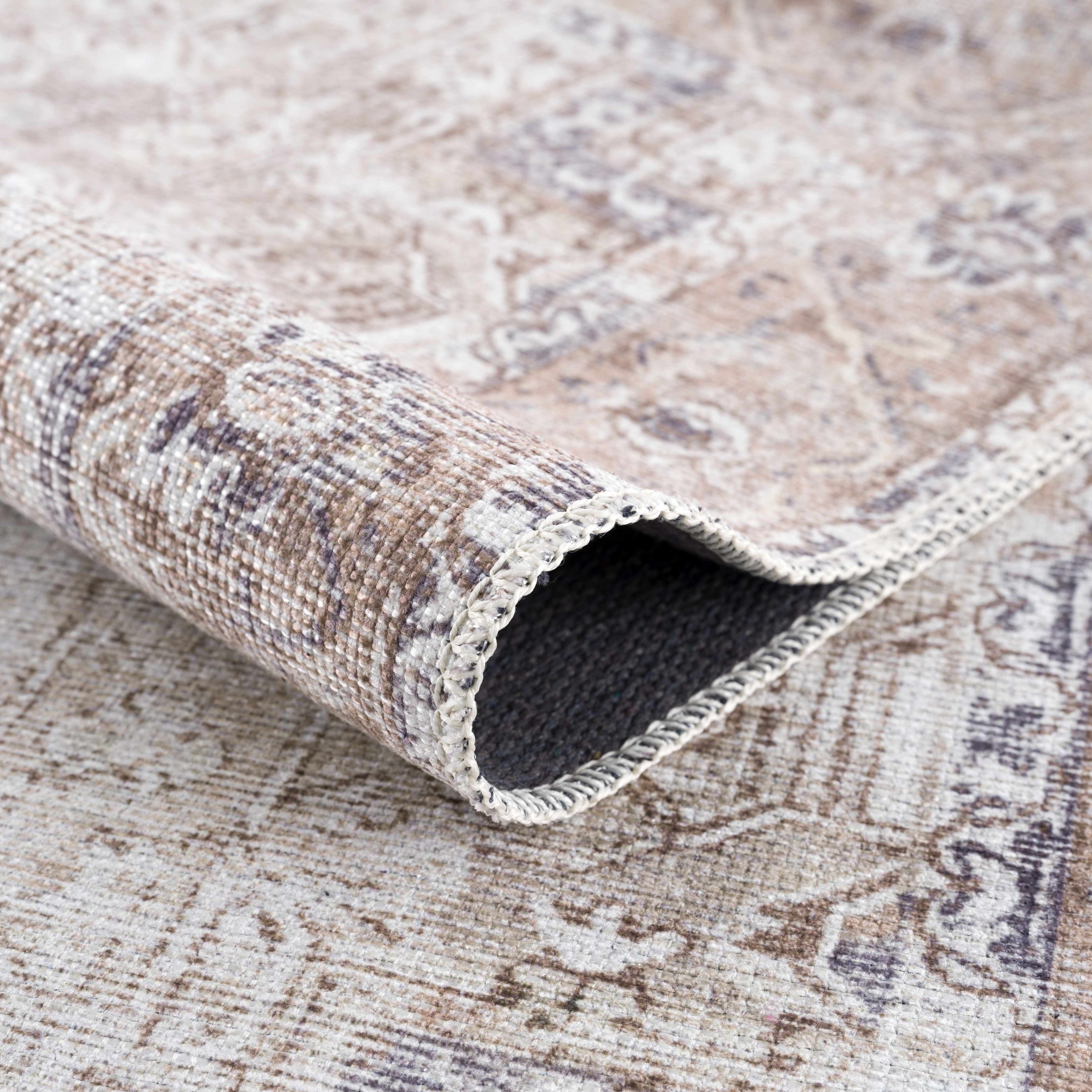Rosman Beige Distressed Medallion Washable Area Rug | Timeless Design – Hauteloom