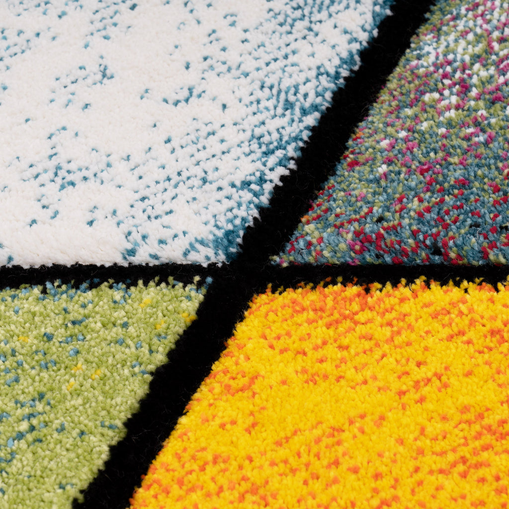 Colorful Area Rug Smaragd Checkered With Multicolor Diamonds
