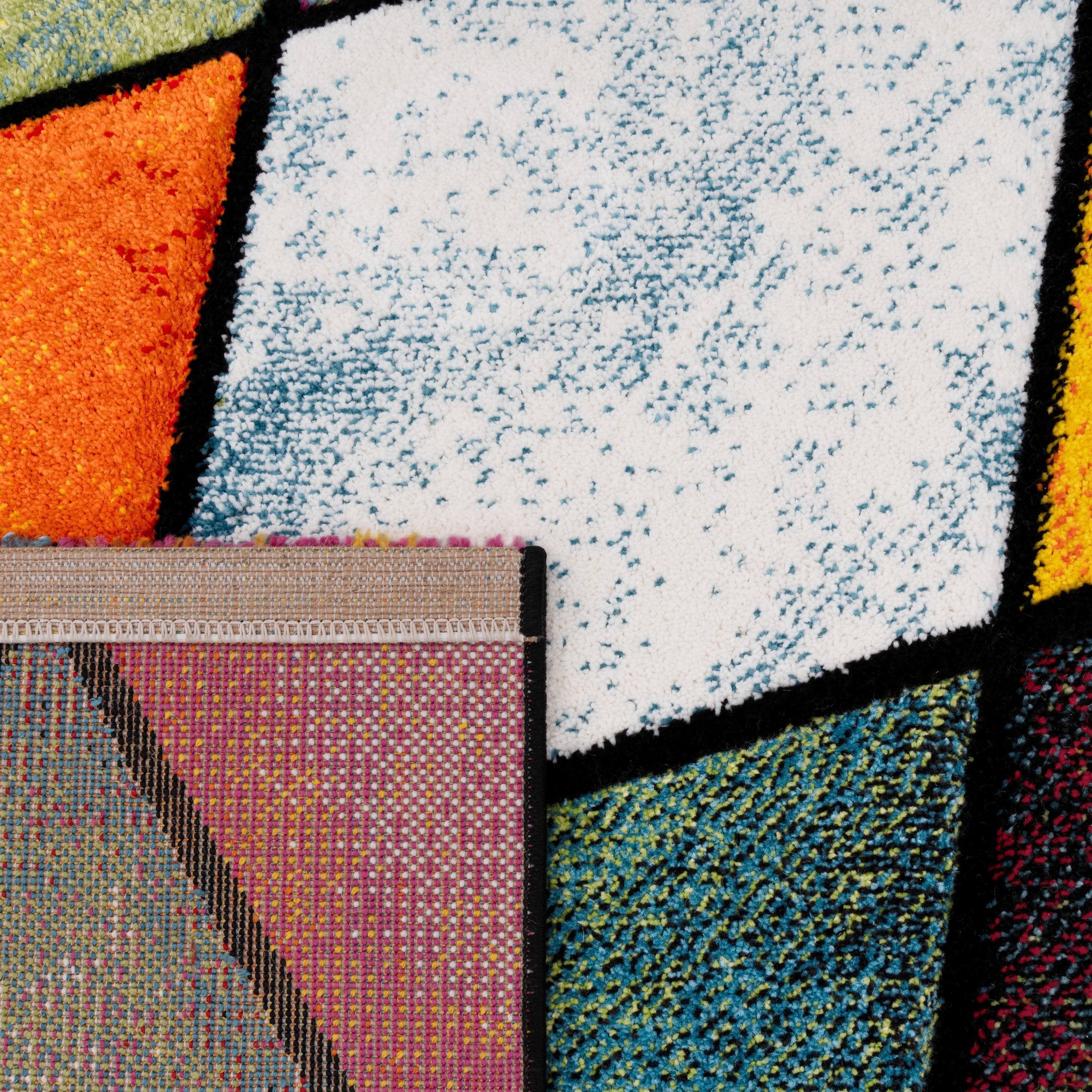 Colorful Area Rug Smaragd Checkered With Multicolor Diamonds