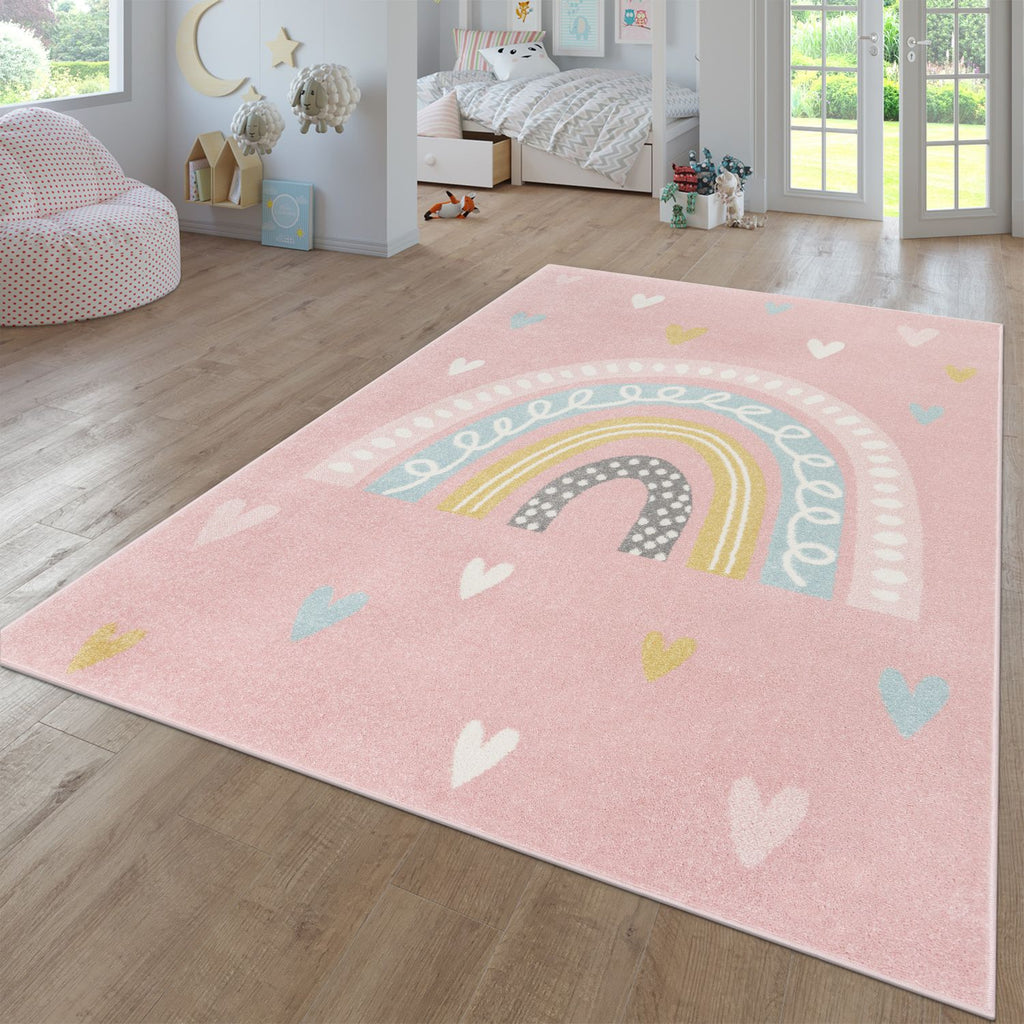 Nino Kids Rug | Rainbow & Hearts Pink Design