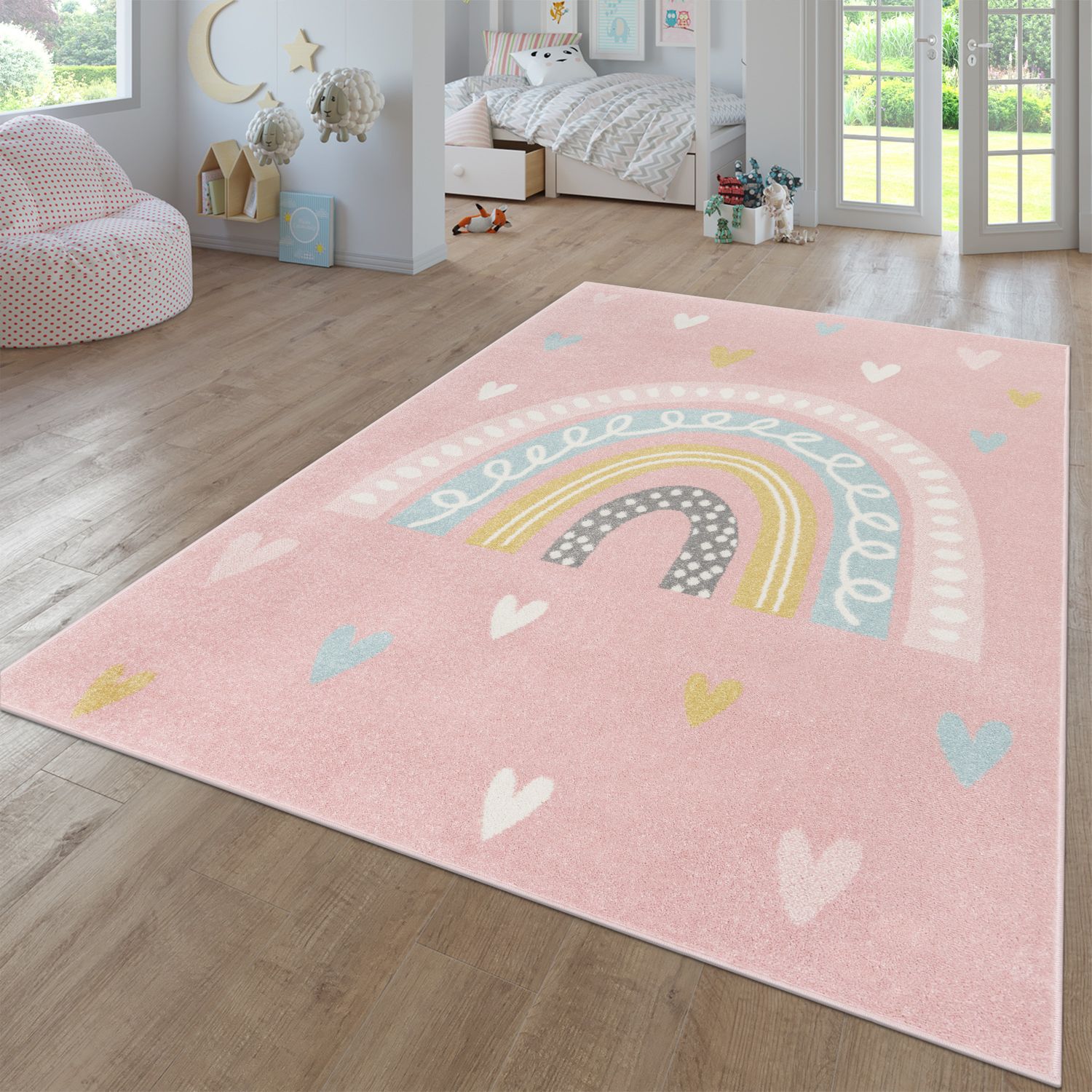 Nino Kids Rug | Rainbow & Hearts Pink Design