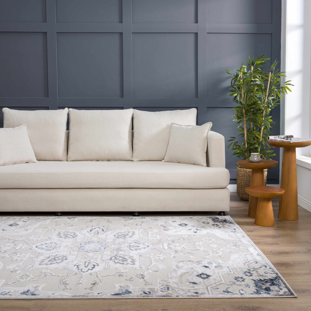 Calum Blue & Gray Medallion Area Rug | Floral Pattern Design