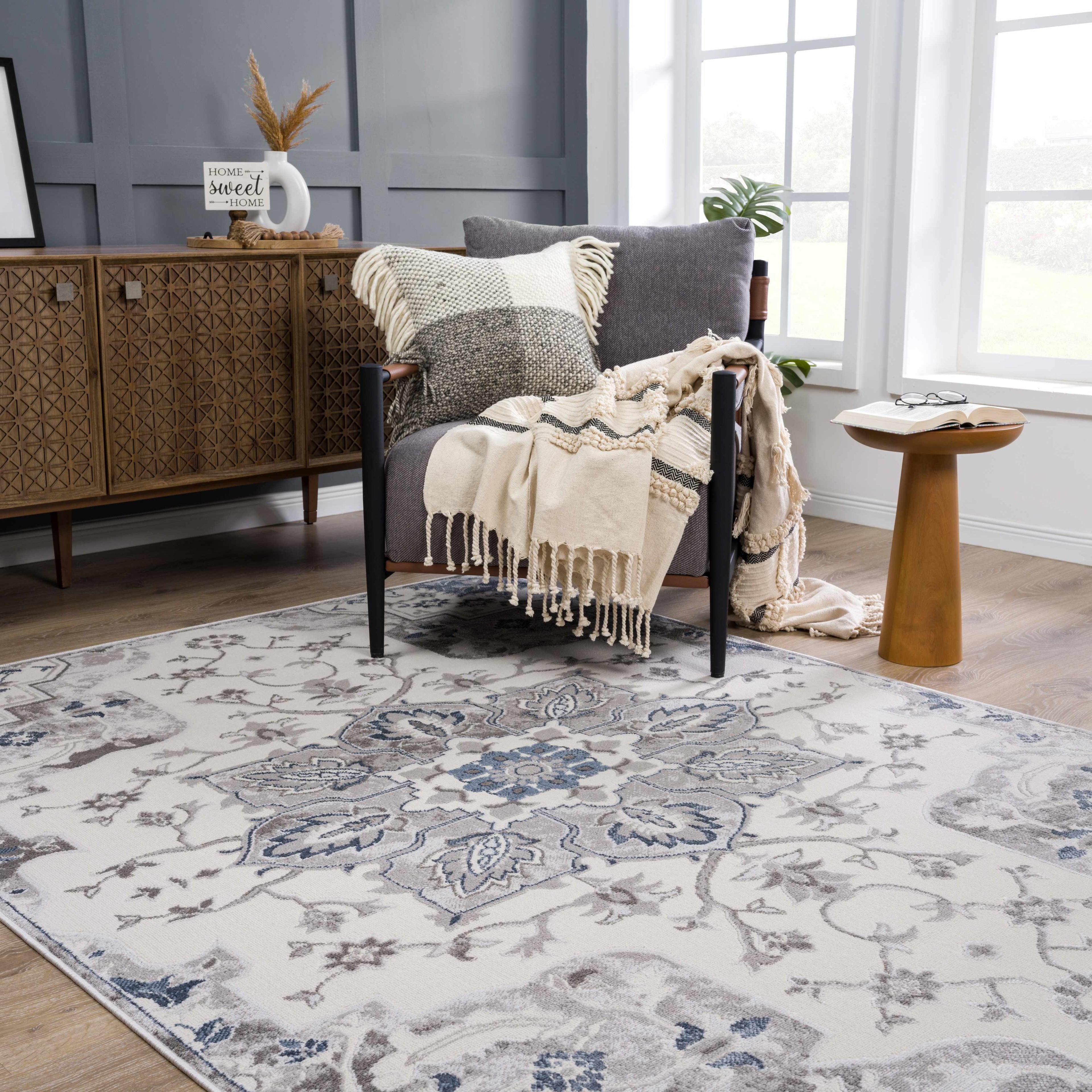 Calum Blue & Gray Medallion Area Rug | Floral Pattern Design