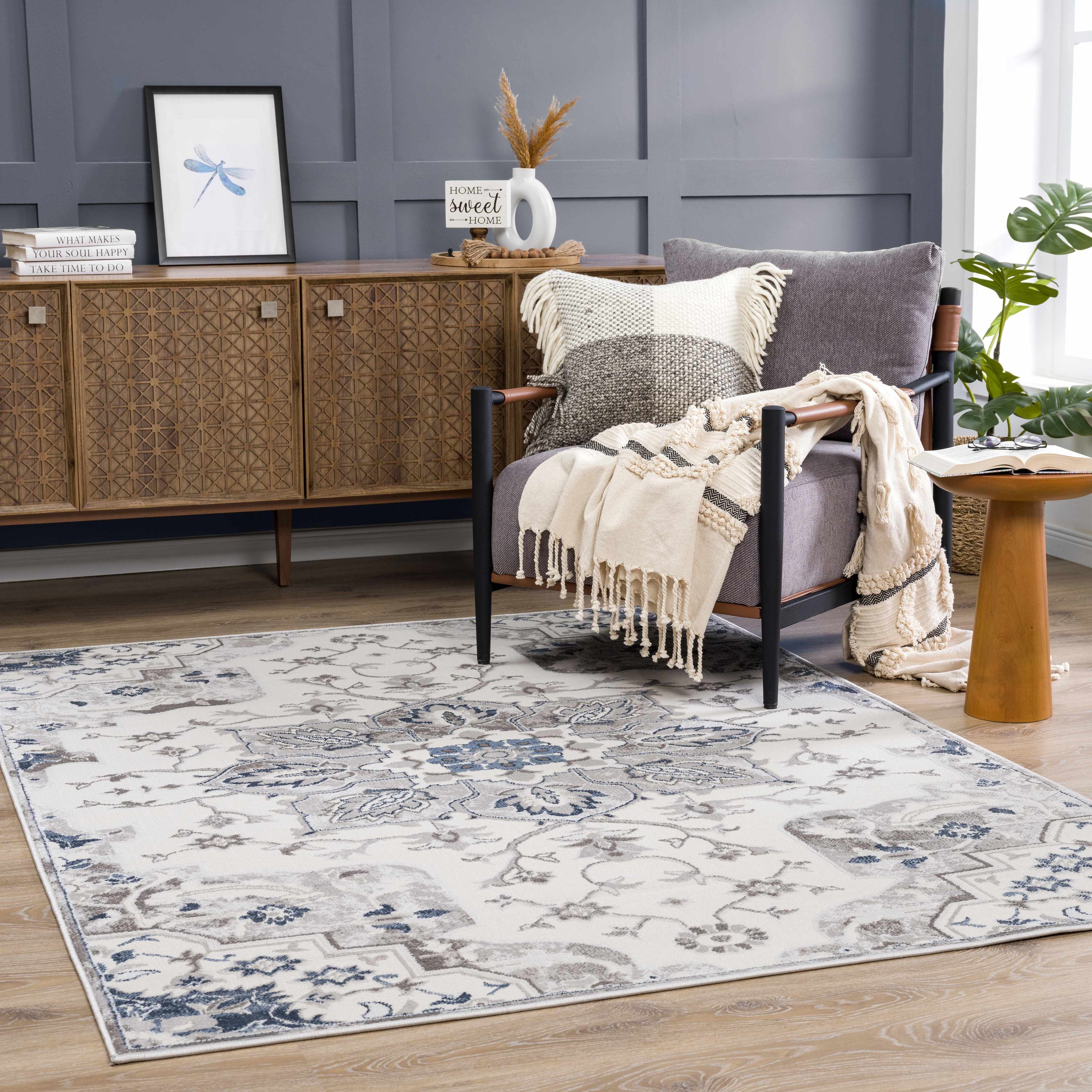 Calum Blue & Gray Medallion Area Rug | Floral Pattern Design