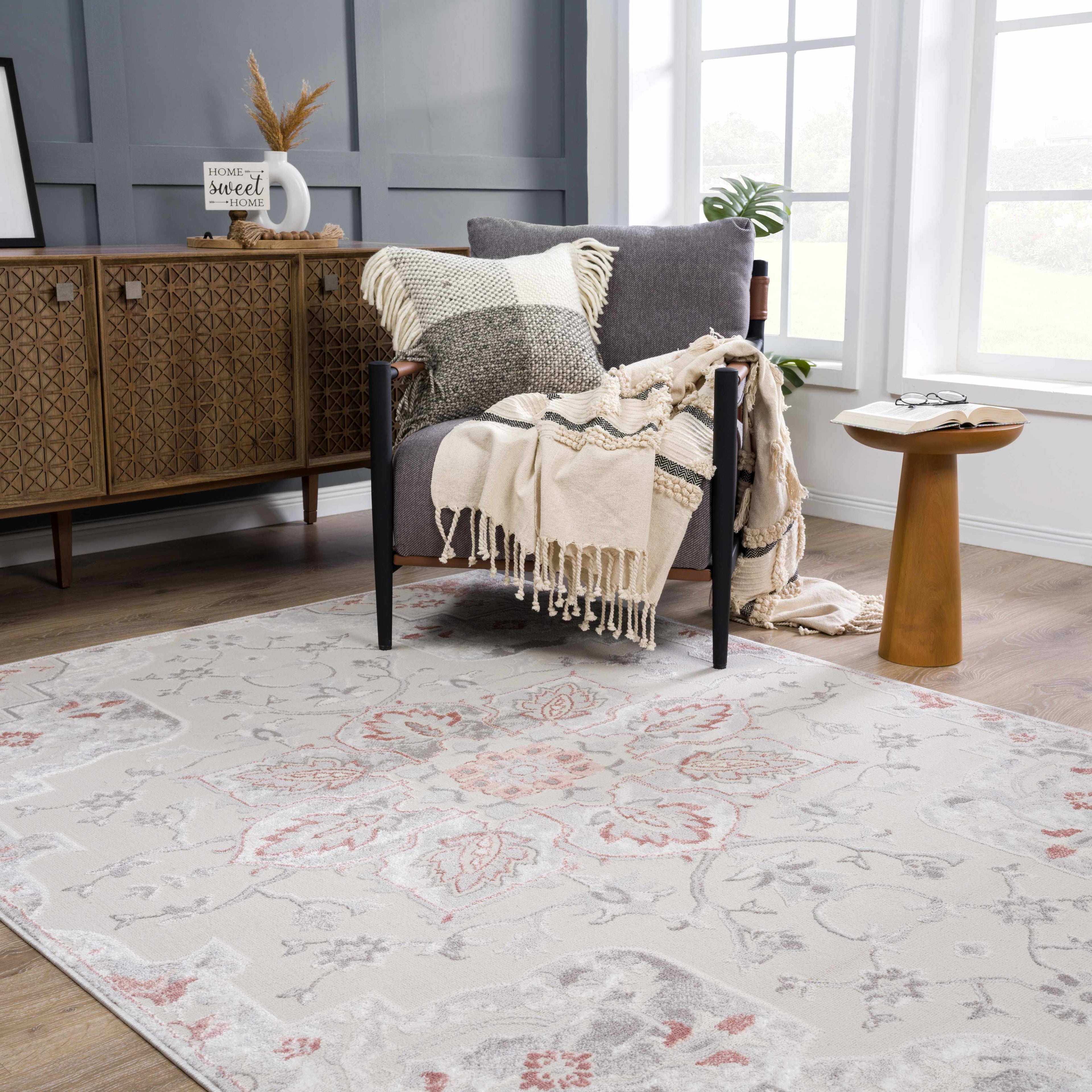 Calum Pink & Gray Medallion Area Rug | Floral Pattern Design – Hauteloom