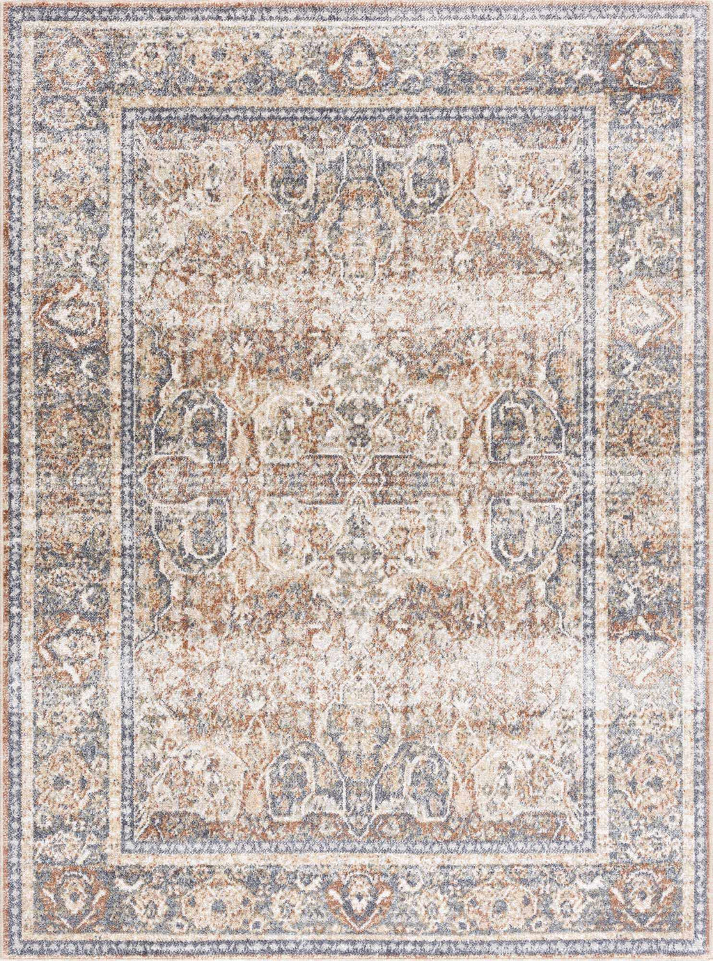 Arias Beige & Blue Washable Area Rug | Distressed Vintage Design