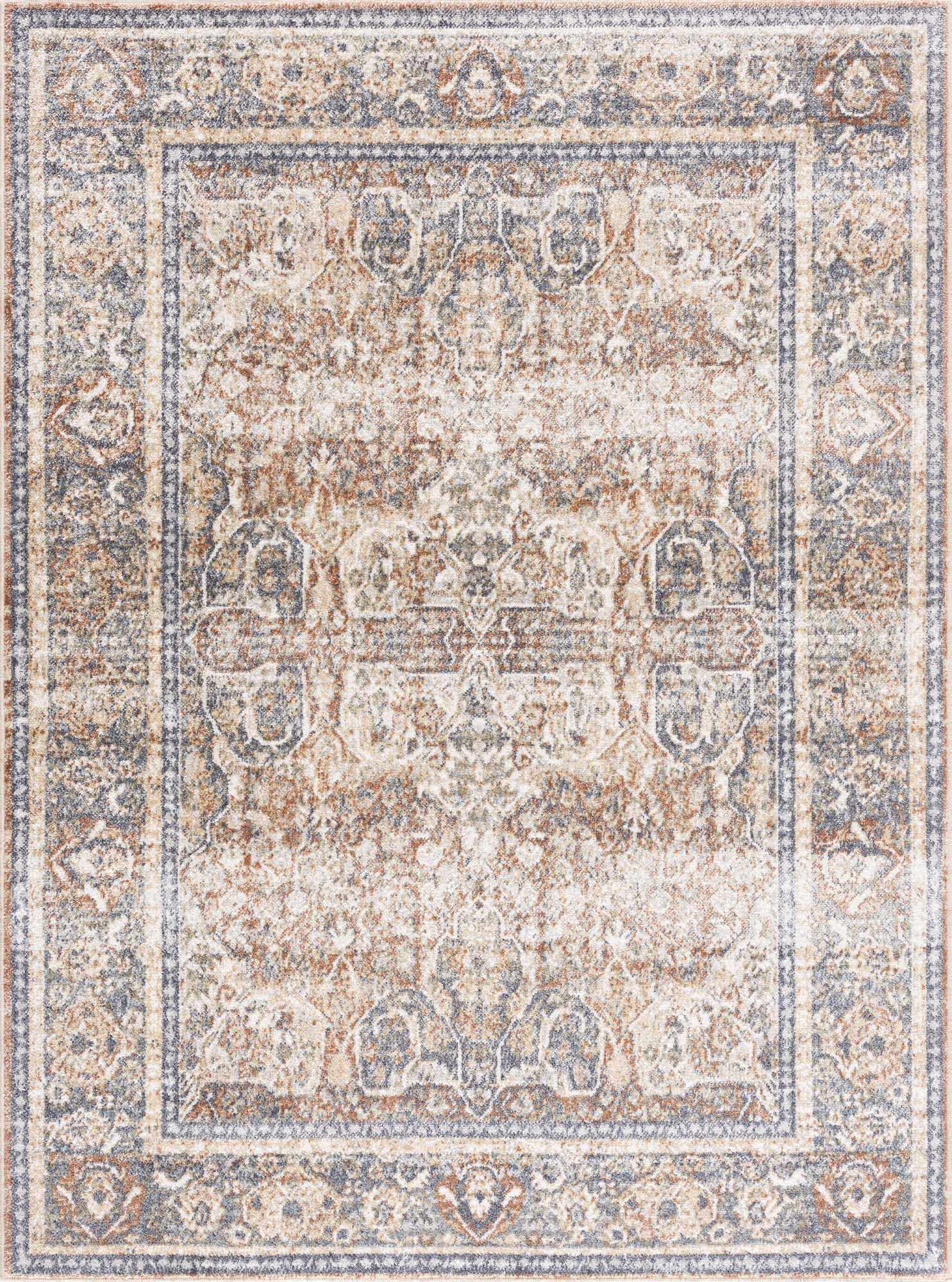 Arias Beige & Blue Washable Area Rug | Distressed Vintage Design