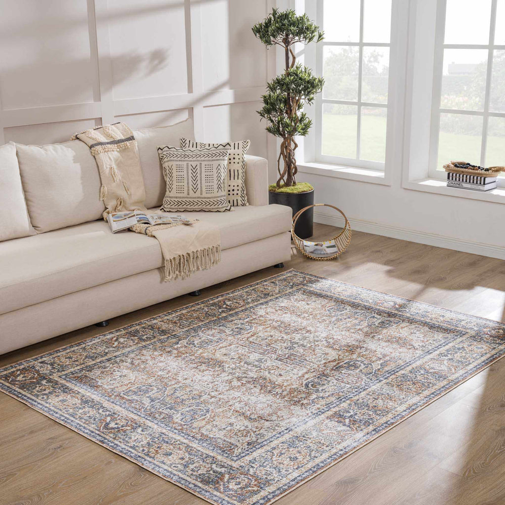 Arias Beige & Blue Washable Area Rug | Distressed Vintage Design
