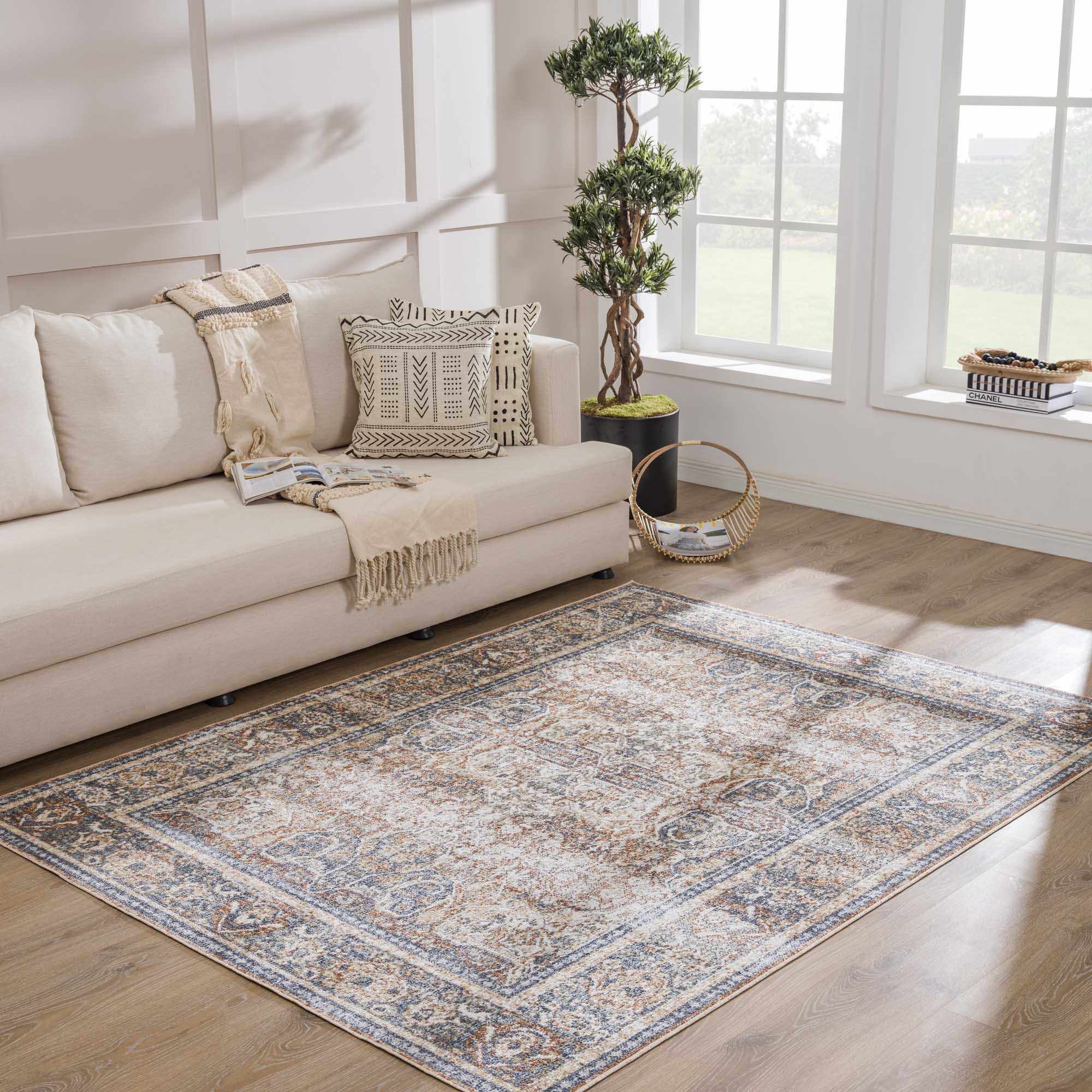 Arias Beige & Blue Washable Area Rug | Distressed Vintage Design