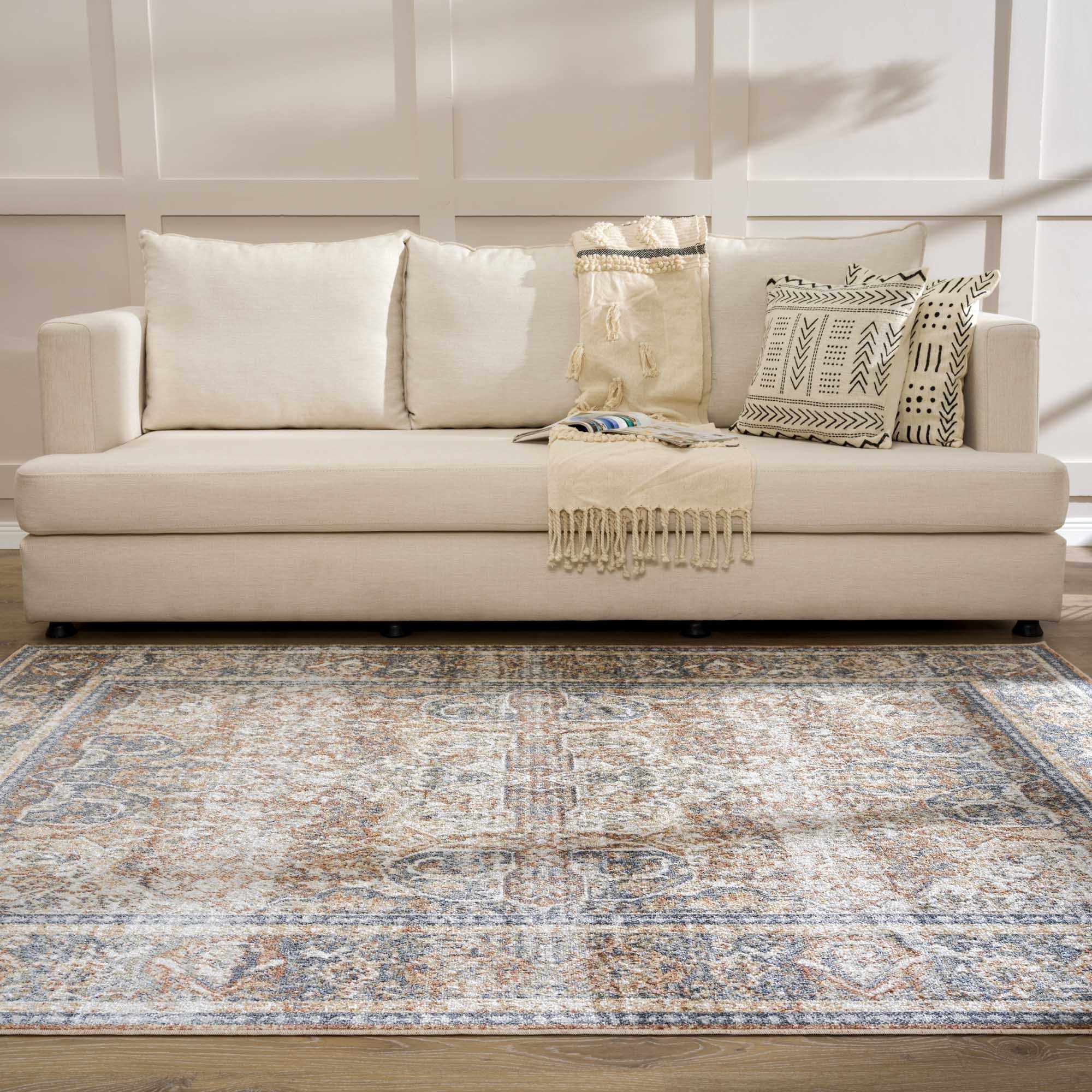 Arias Beige & Blue Washable Area Rug | Distressed Vintage Design