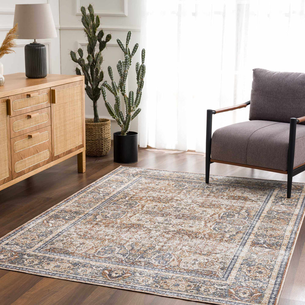 Arias Beige & Blue Washable Area Rug | Distressed Vintage Design