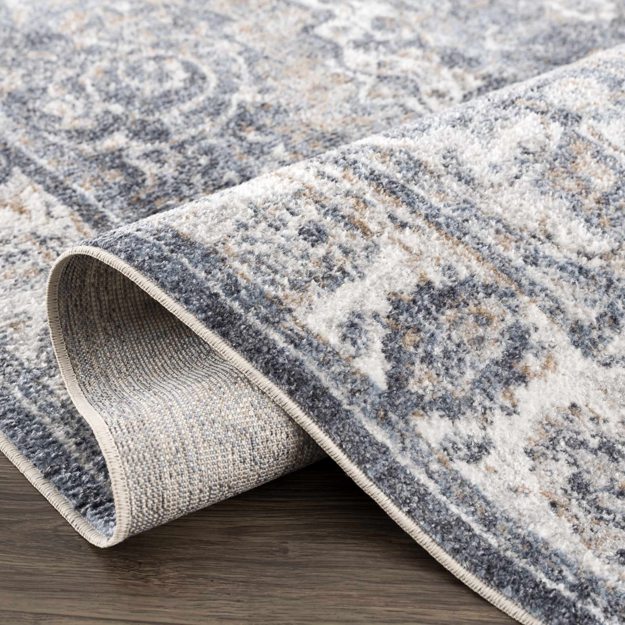Aurum Blue Distressed Medallion Washable Area Rug | Turkish-Inspired Design – Hauteloom