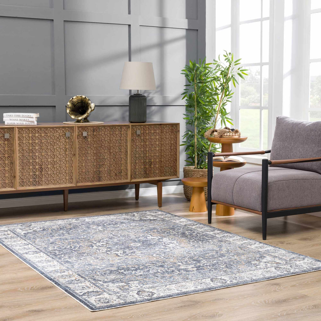 Aurum Blue Distressed Medallion Washable Area Rug | Turkish-Inspired Design – Hauteloom