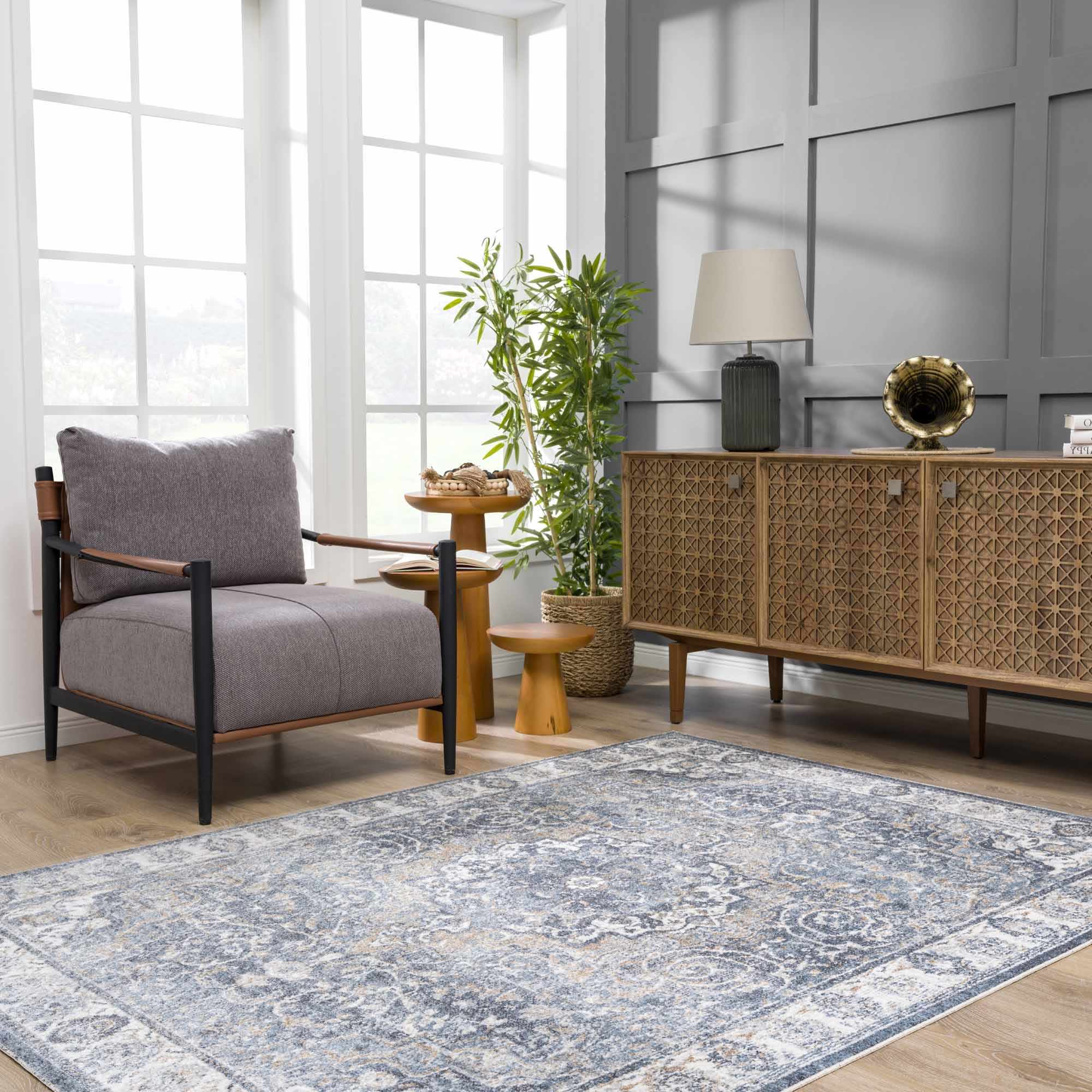 Aurum Blue Distressed Medallion Washable Area Rug | Turkish-Inspired Design – Hauteloom