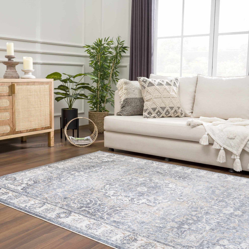 Aurum Blue Distressed Medallion Washable Area Rug | Turkish-Inspired Design – Hauteloom