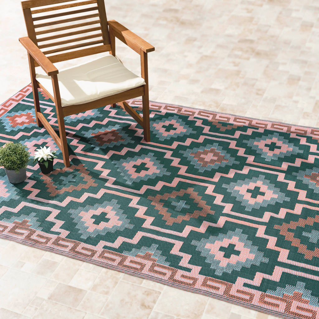 Lhasa Green Outdoor Rug | Boho Geometric Design