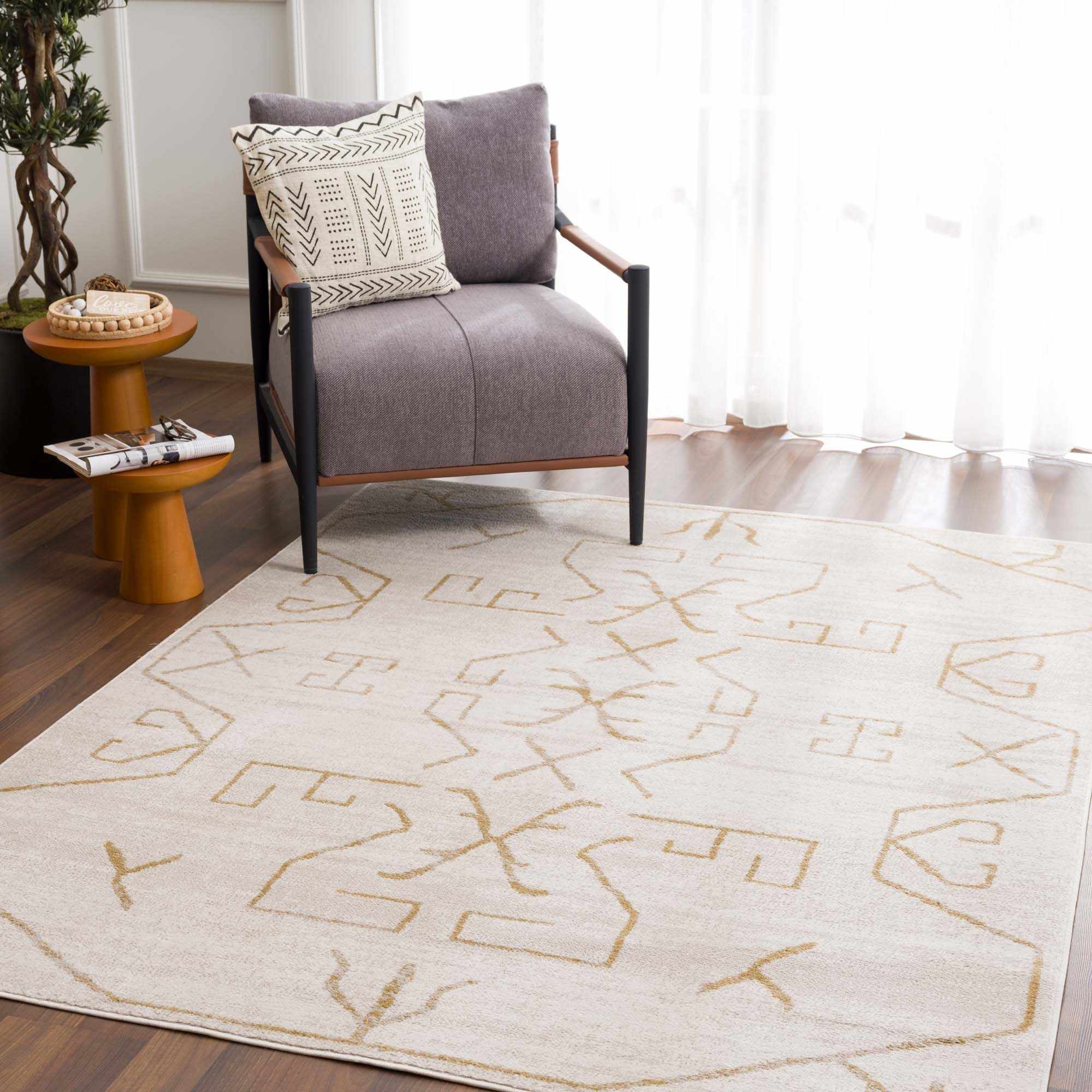Azzan Cream & Gold Area Rug | Boho Aztec Design