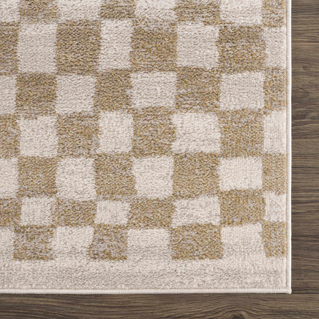 Benjy Cream & Gold Checkered Area Rug | Distressed Plush Design