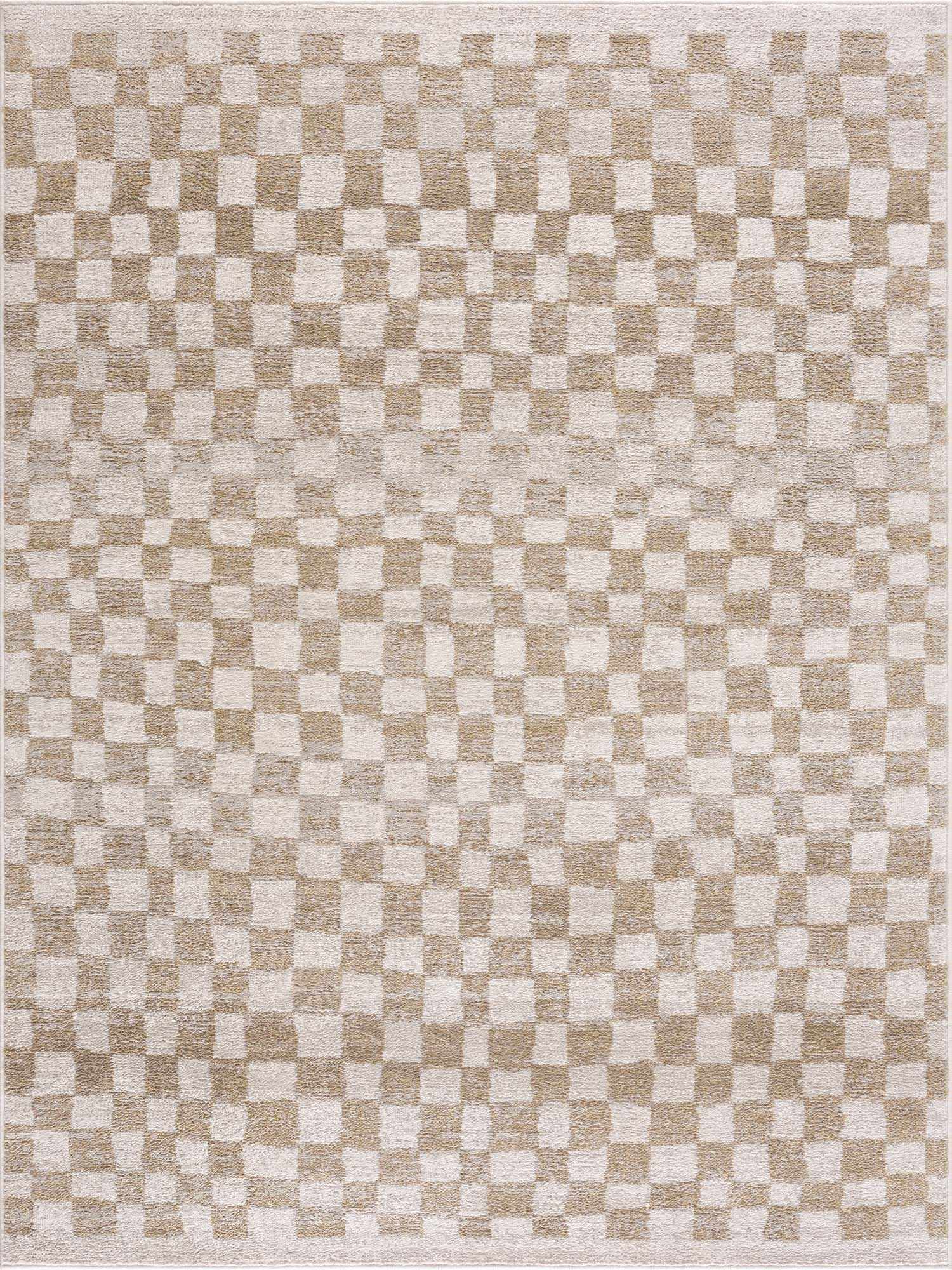 Benjy Cream & Gold Checkered Area Rug | Distressed Plush Design