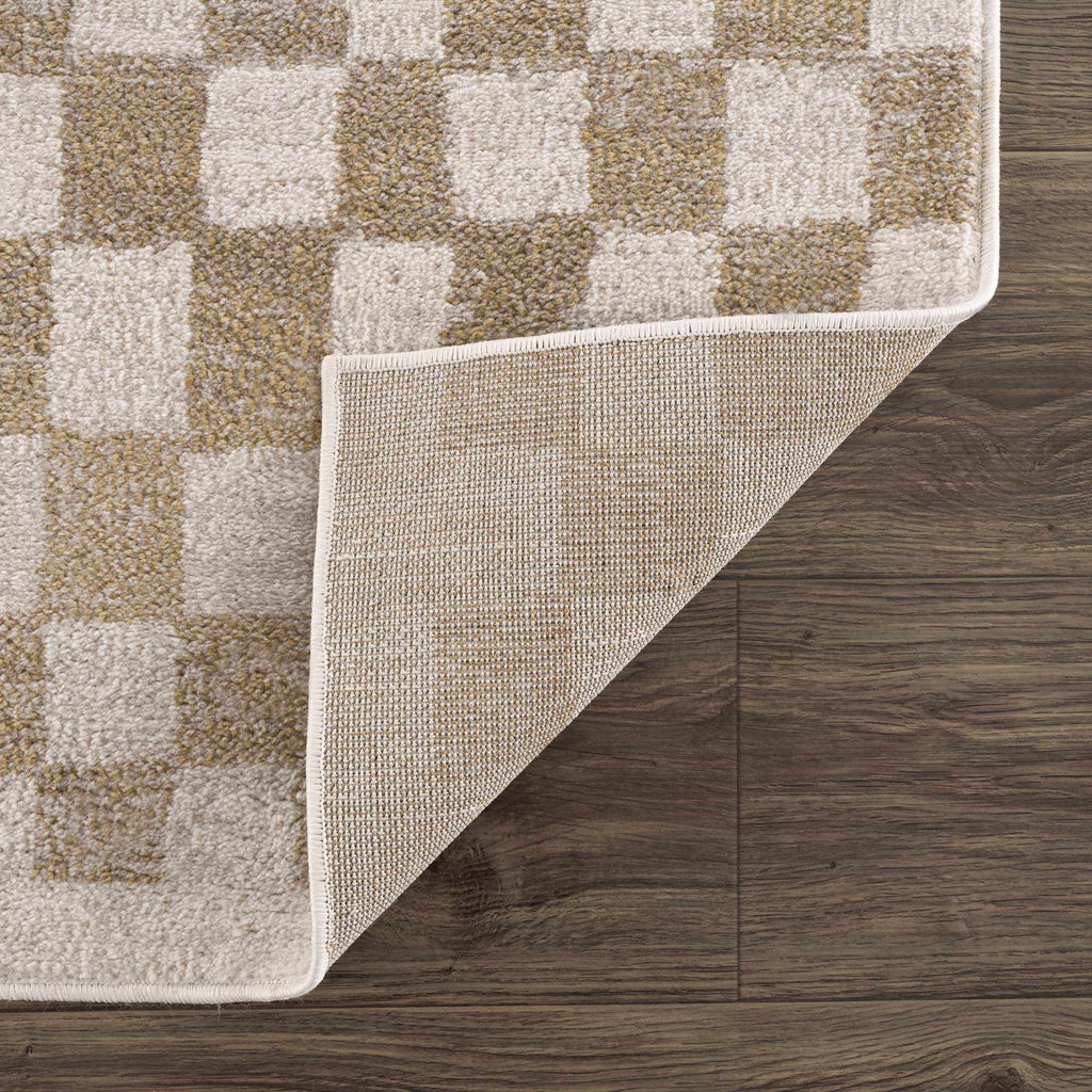 Benjy Cream & Gold Checkered Area Rug | Distressed Plush Design