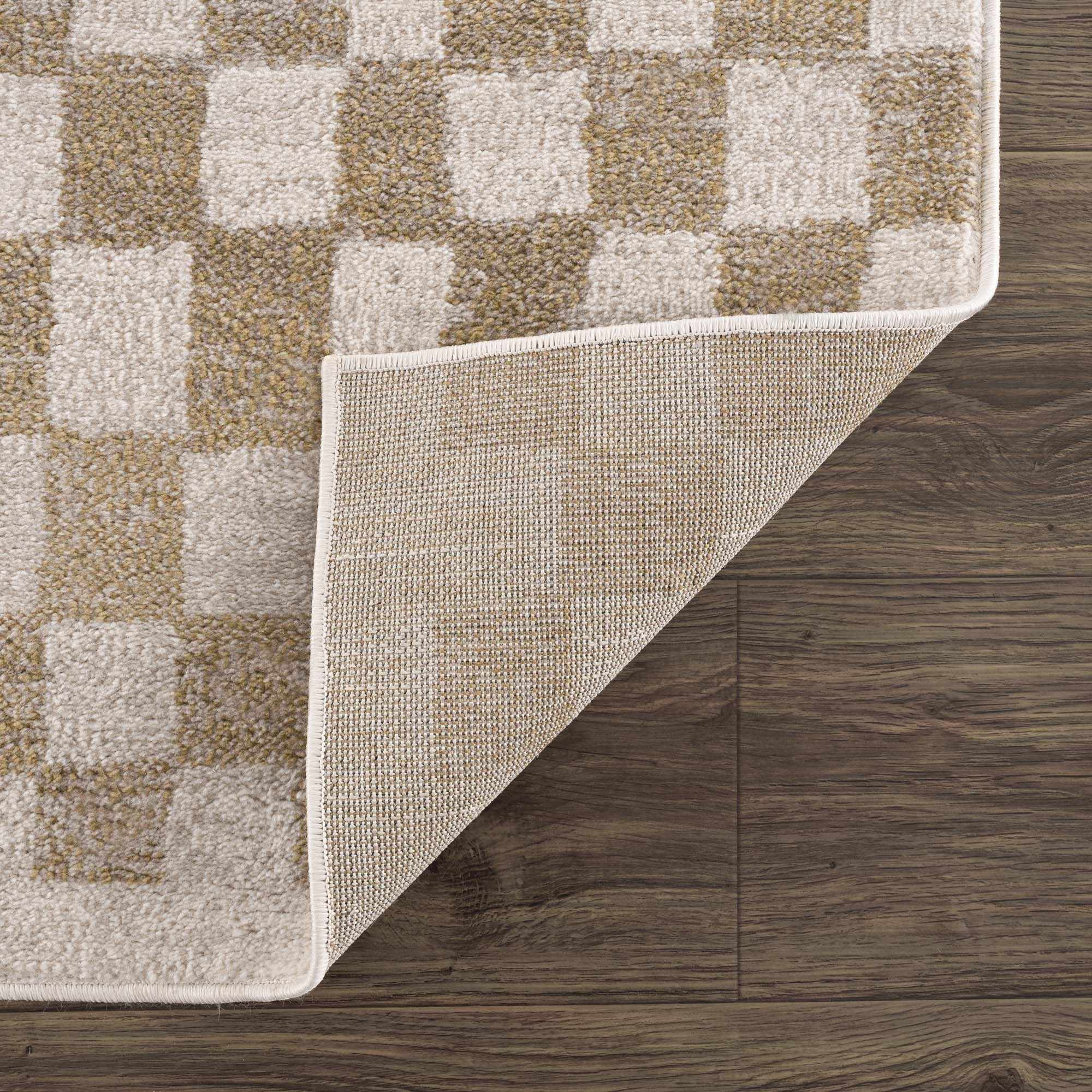 Benjy Cream & Gold Checkered Area Rug | Distressed Plush Design