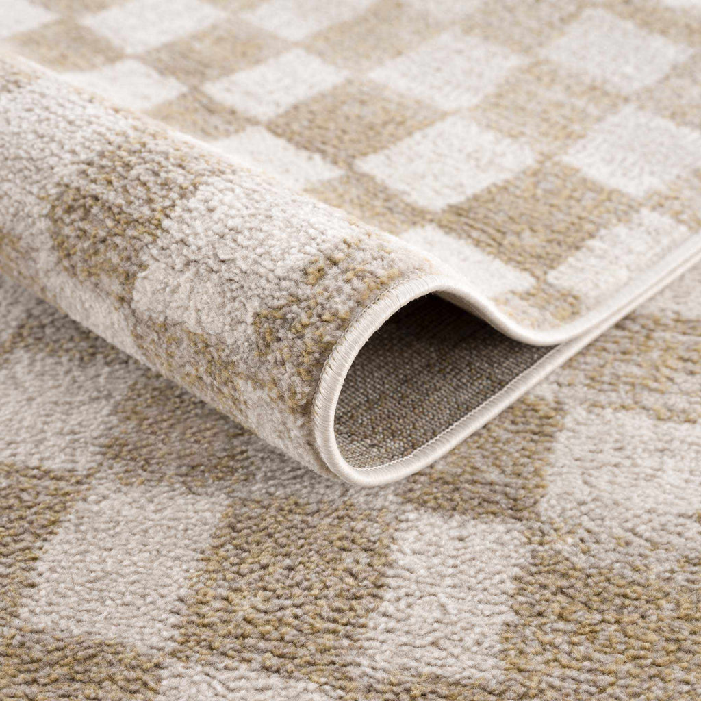 Benjy Cream & Gold Checkered Area Rug | Distressed Plush Design