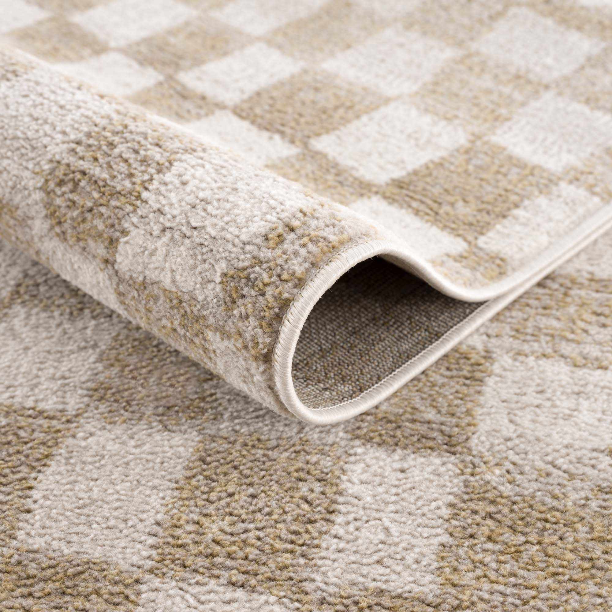 Benjy Cream & Gold Checkered Area Rug | Distressed Plush Design