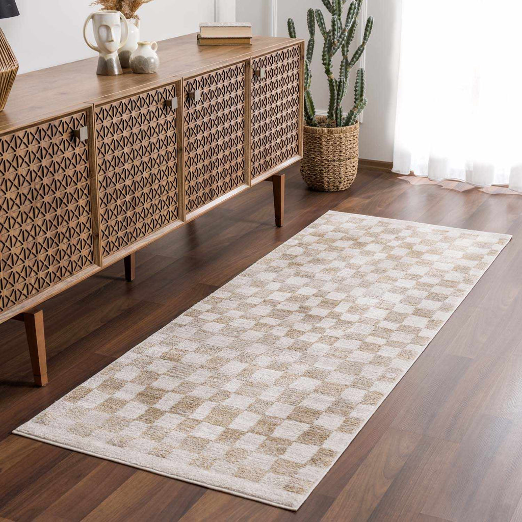 Benjy Cream & Gold Checkered Area Rug | Distressed Plush Design