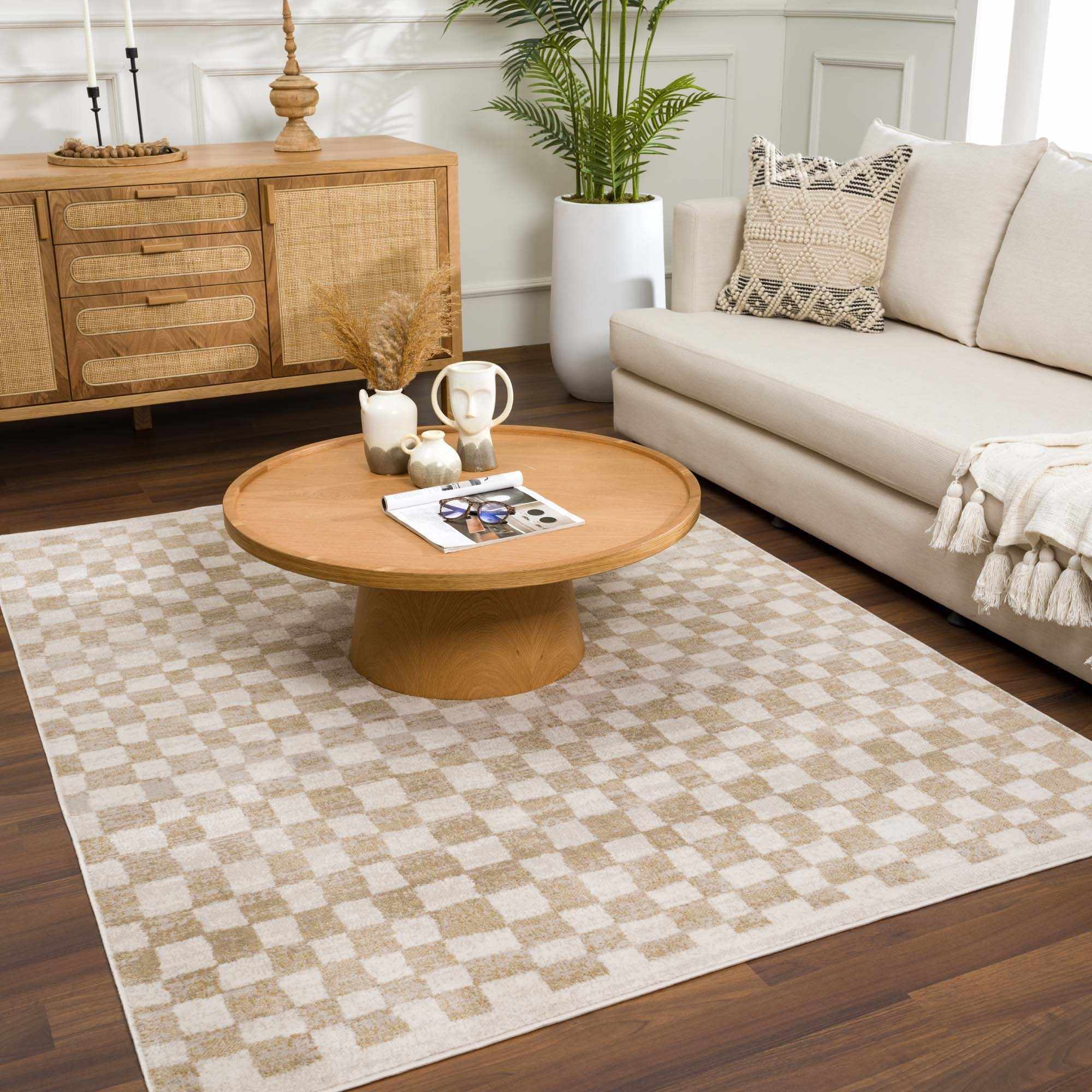 Benjy Cream & Gold Checkered Area Rug | Distressed Plush Design