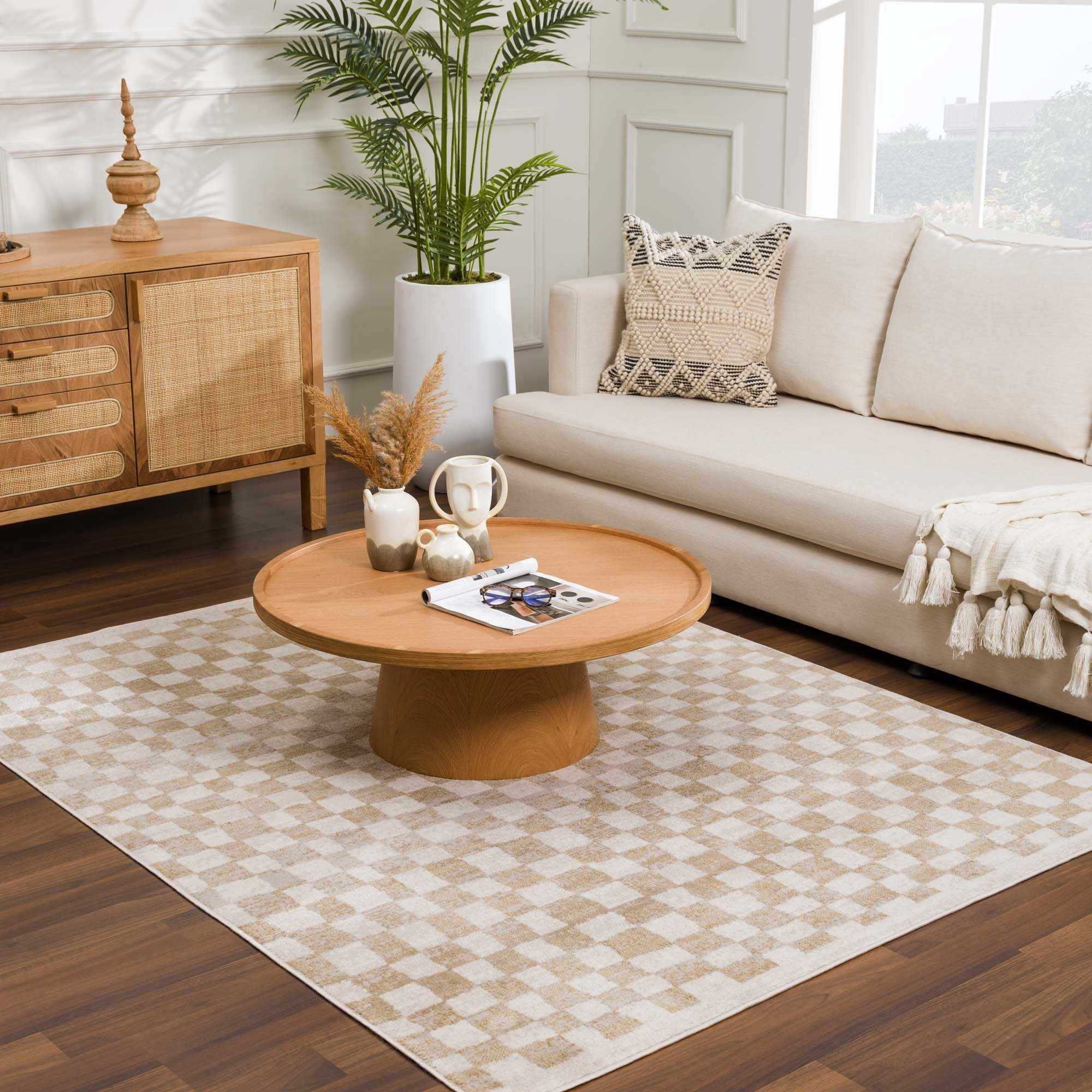 Benjy Cream & Gold Checkered Area Rug | Distressed Plush Design