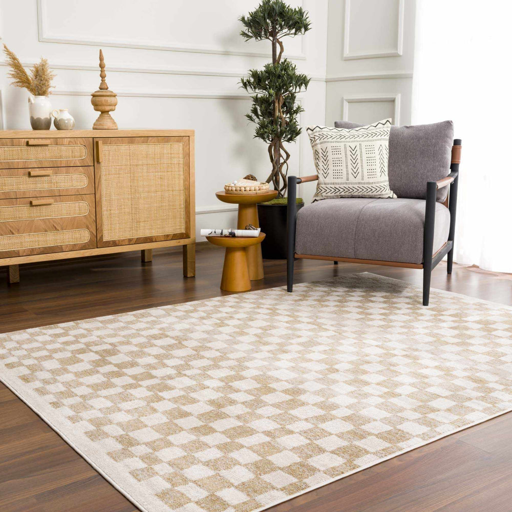 Benjy Cream & Gold Checkered Area Rug | Distressed Plush Design