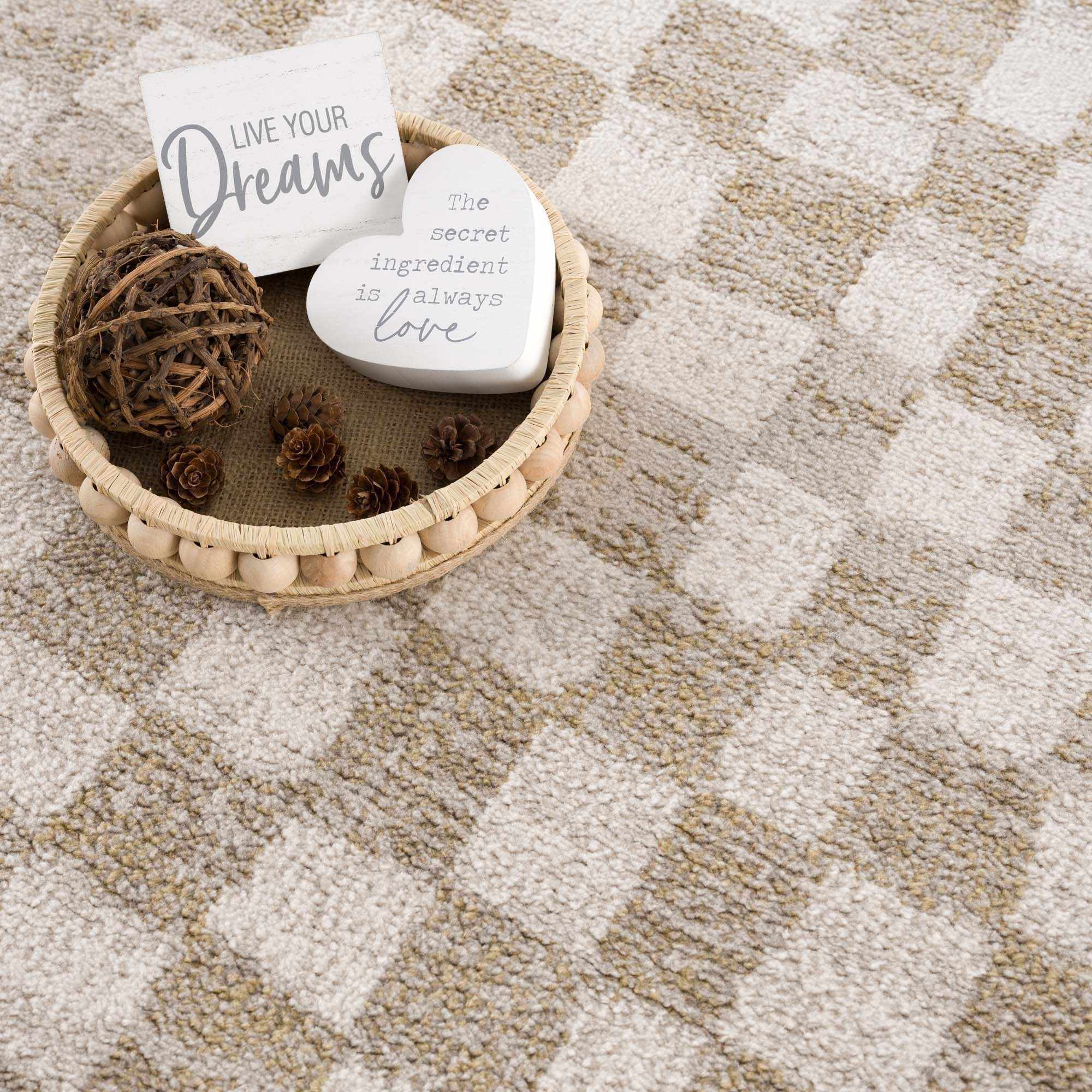 Benjy Cream & Gold Checkered Area Rug | Distressed Plush Design